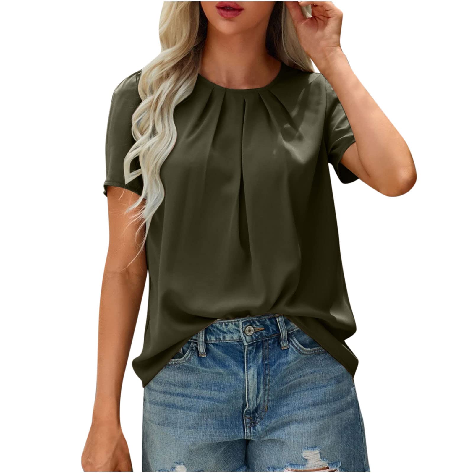 Women's Summer Short Sleeve Pleated Blouse - Basic Solid Color T-Shirt Top for Casual Wear, Office & Vacation Outfits