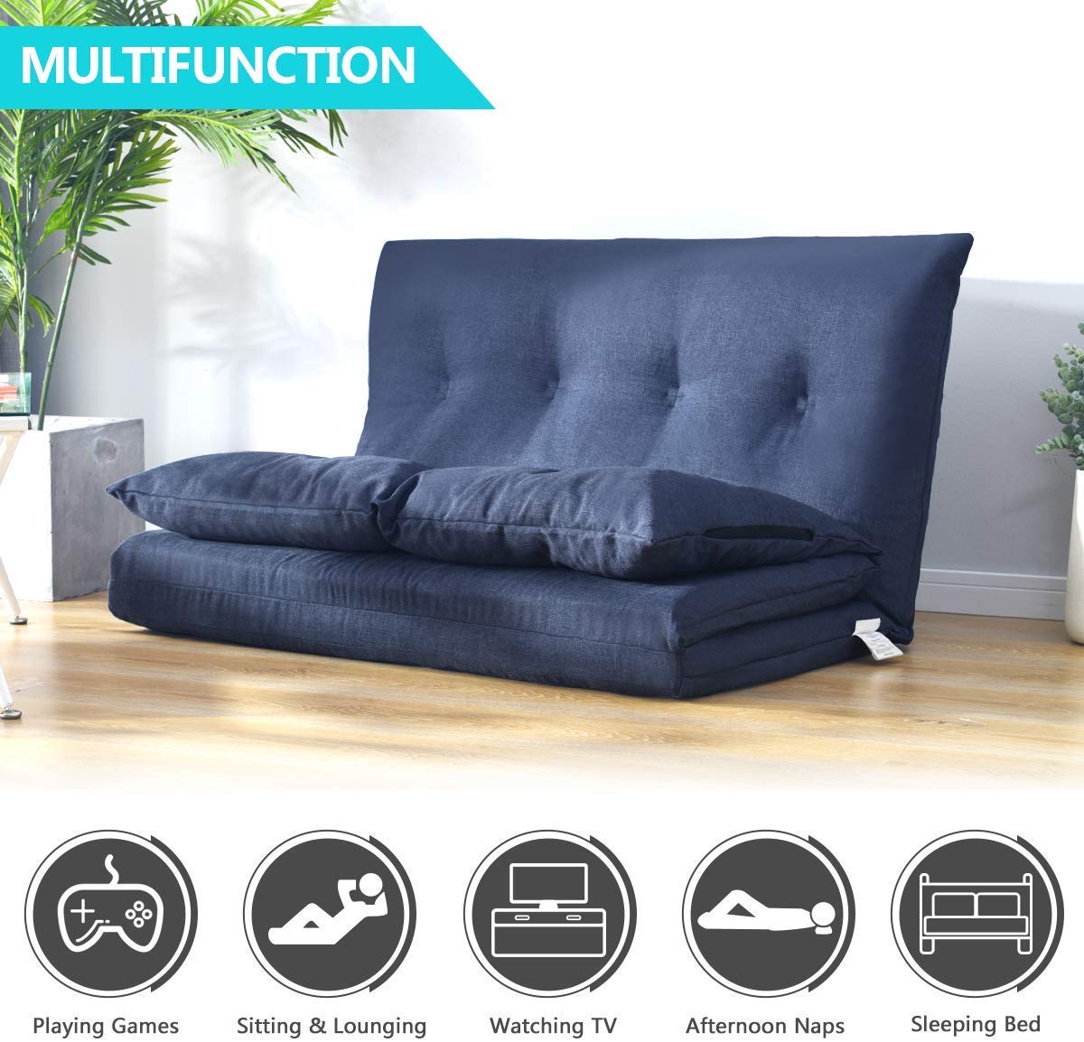 Rhomtree 5-Position Reclining Floor Sofa Chair - Foldable Fabric Futon Lounger for Living Room, Gaming, and Relaxation (Navy Blue) | Perfect for Small Spaces, Movie Nights & Video Gaming Sessions