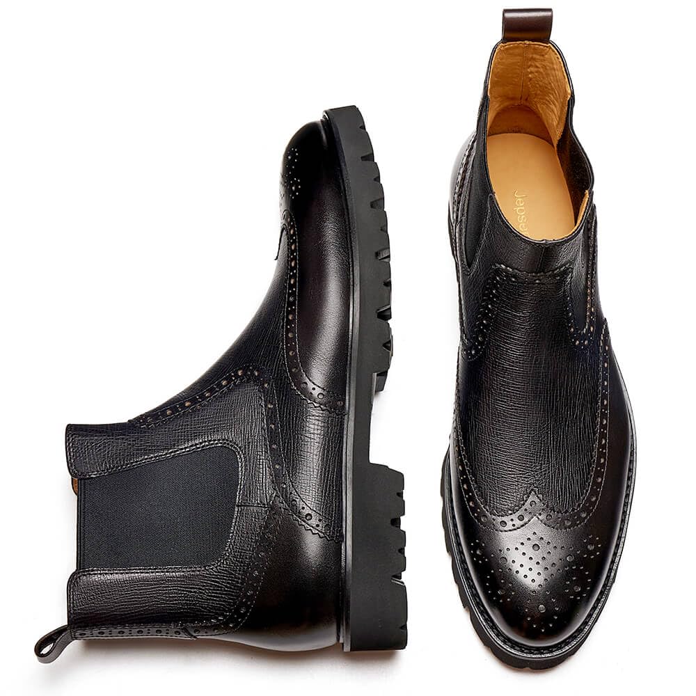 Jepsengord Men's Genuine Leather Chelsea Boots - Wingtip Brogue Dress Boots for Business & Casual Wear | Waterproof Ankle Boots for Office, Wedding & Outdoor Activities