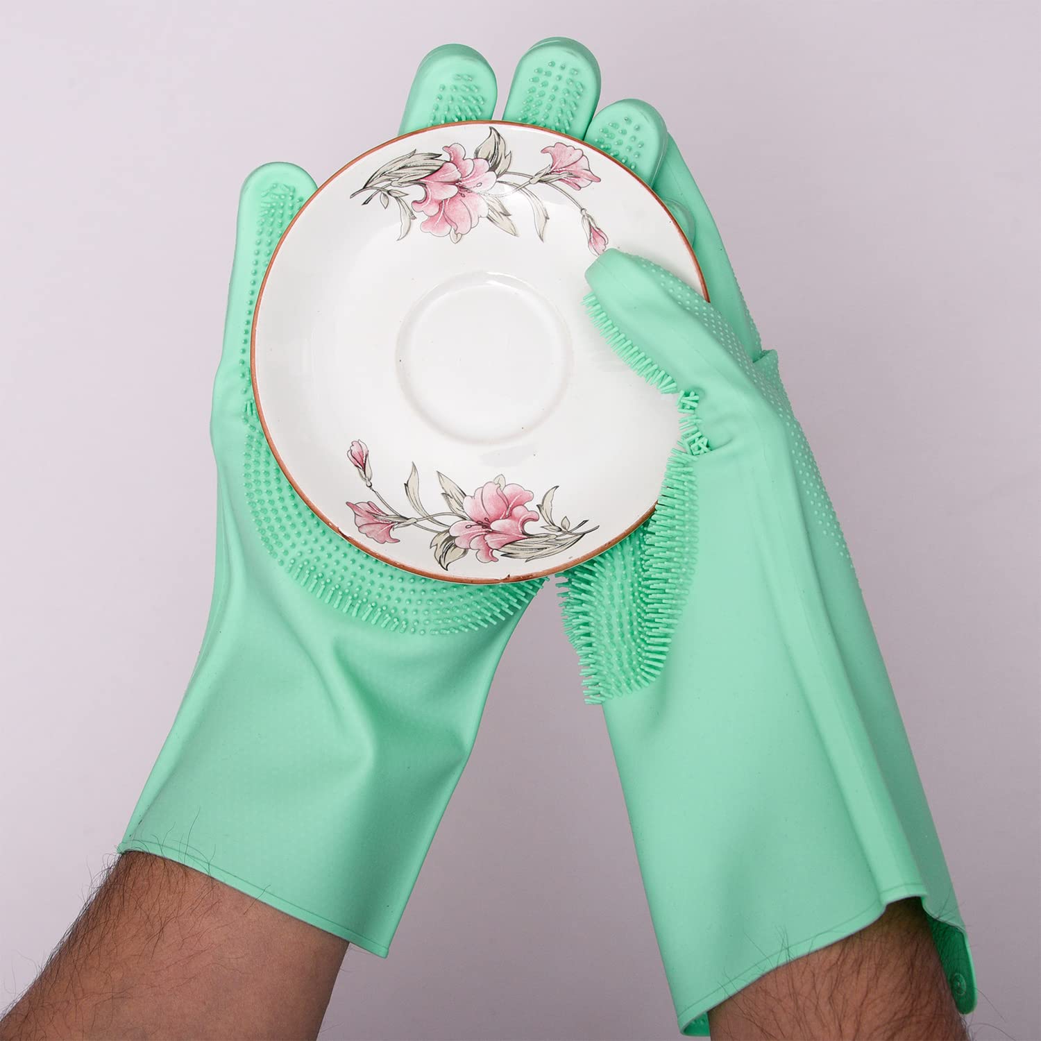 Kuber Industries Heat Resistant Silicone Kitchen Gloves - Dish Washing, Scrubbing, Car & Bathroom Cleaning Gloves - 1 Pair (Green) - Perfect for Cooking, Washing Dishes & Household Cleaning