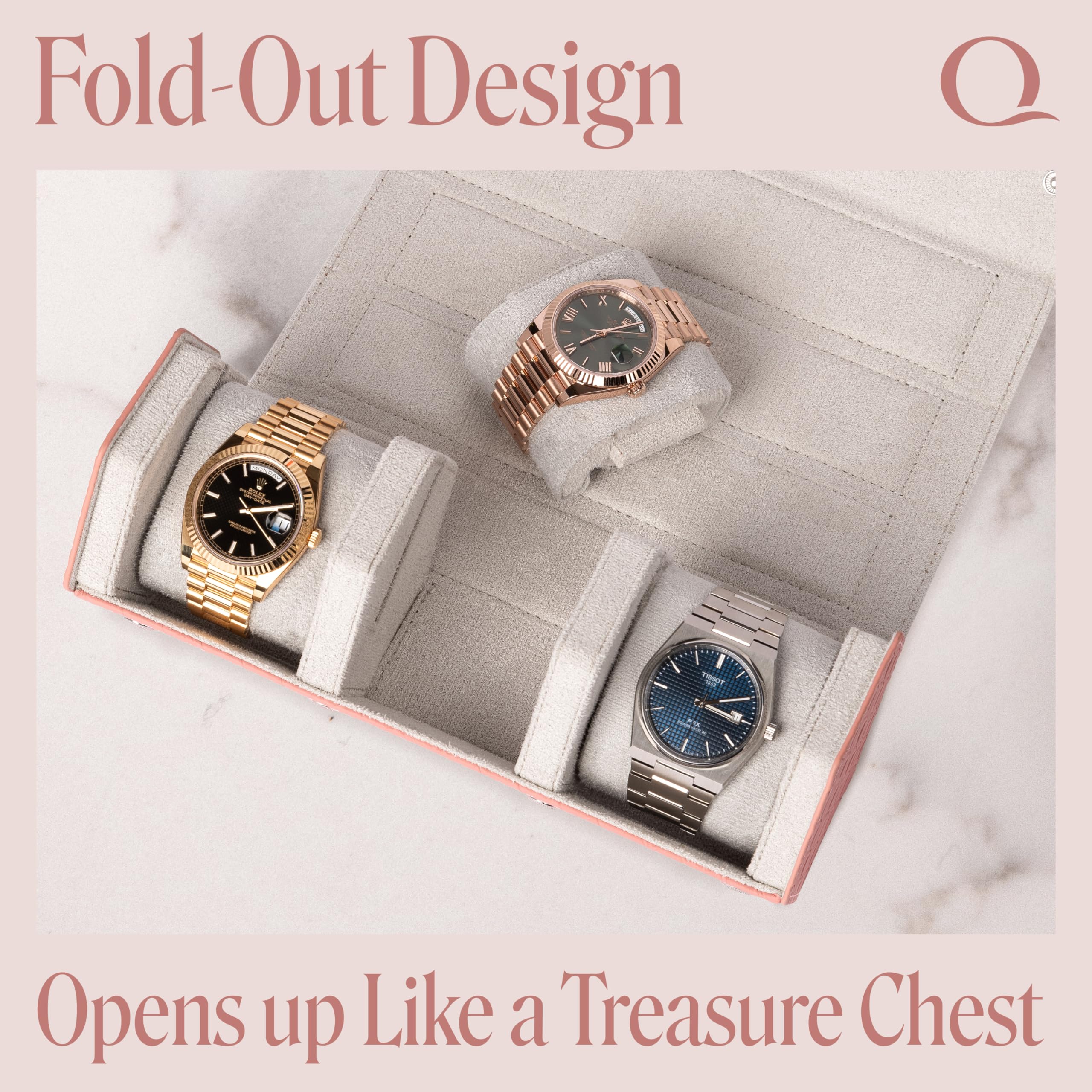 Women's Genuine Leather Hexagon Triple Watch Roll Travel Case - Storage Organizer for 3 Watches with Velvet Interior (Woven Pink/Gray) - Perfect for Travel, Display & Watch Collection Organization