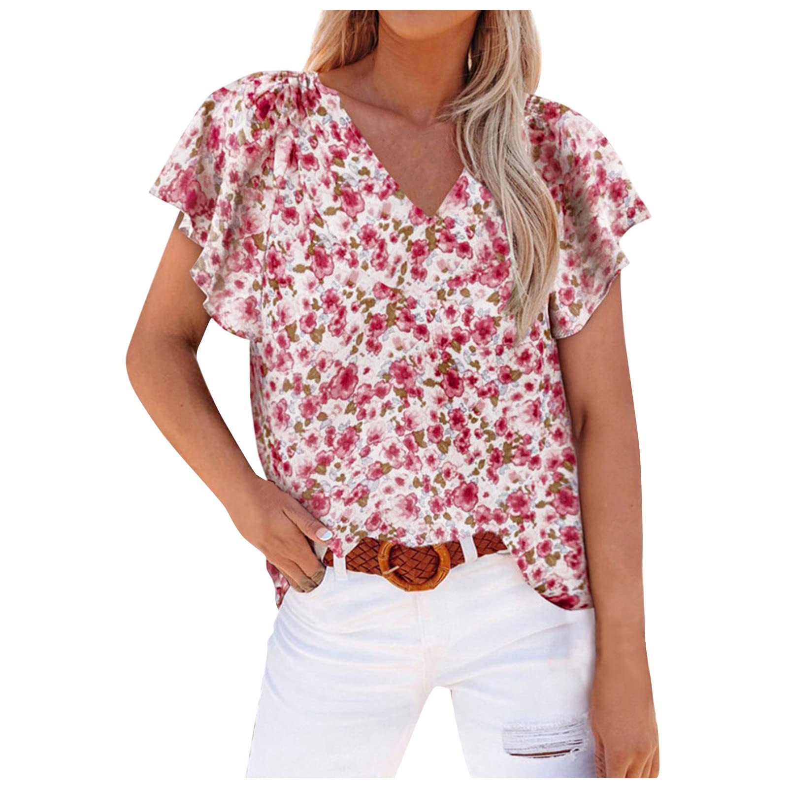 Women's Casual Floral Print V-Neck Slim Blouses - Ruffle Short Sleeve T-Shirts for Summer, Work & Date Night Outfits