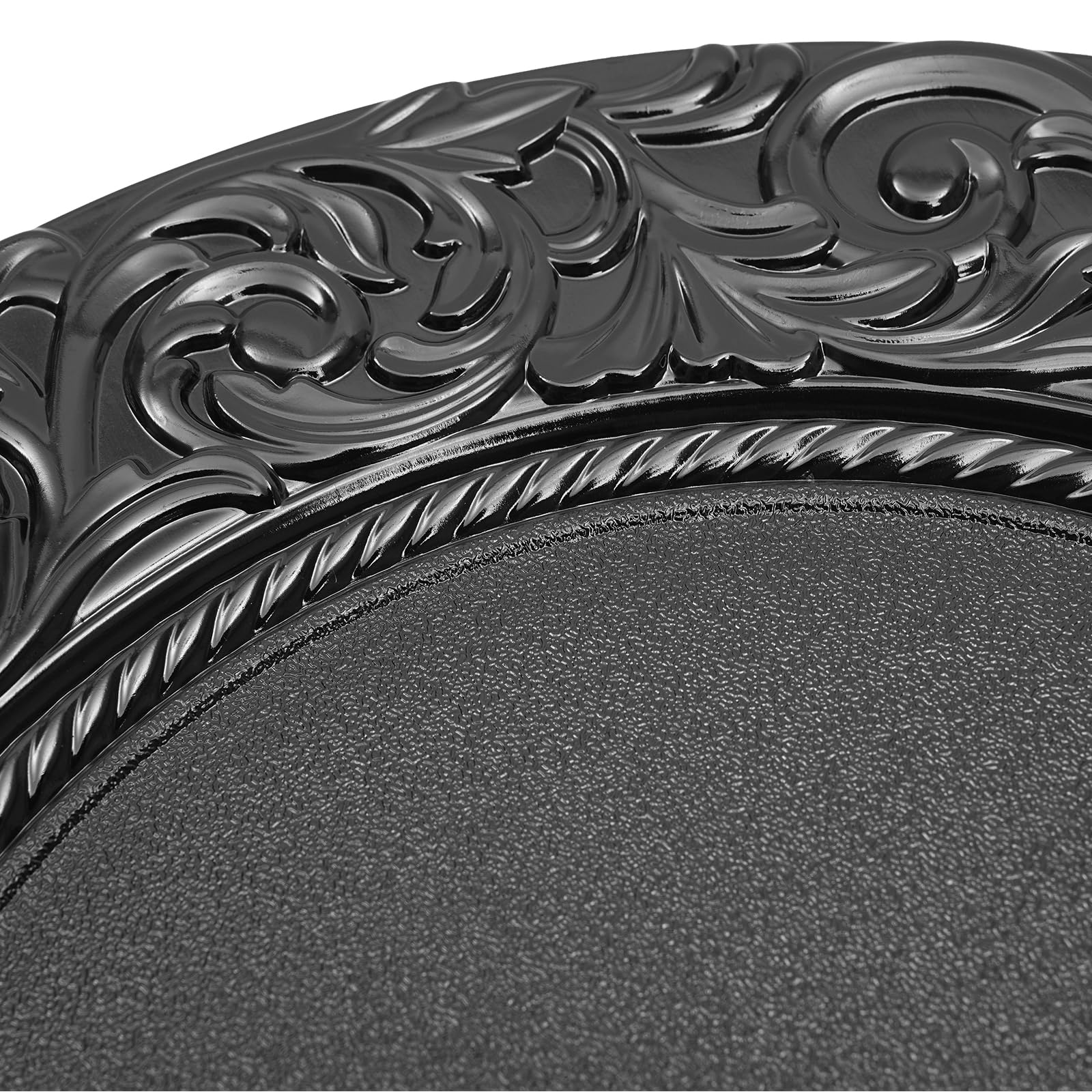 100 Pcs Antique Black Charger Plates - 13 Inch Round Plastic Dinner Plates with Embossed Floral Rim - Bulk Decorative Chargers for Wedding, Banquet & Formal Dining Events - Durable Disposable Server Plates for Parties, Catering & Special Occasions