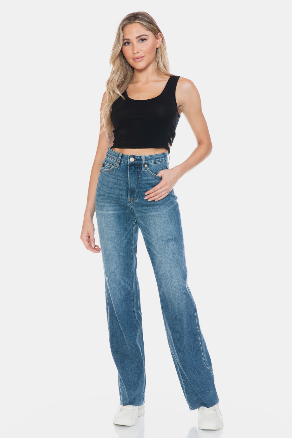 Judy Blue Women's High Waisted Tummy Control Straight Leg Jeans with Raw Hem - Comfortable Stretch Denim for Everyday Wear, Work & Casual Outings