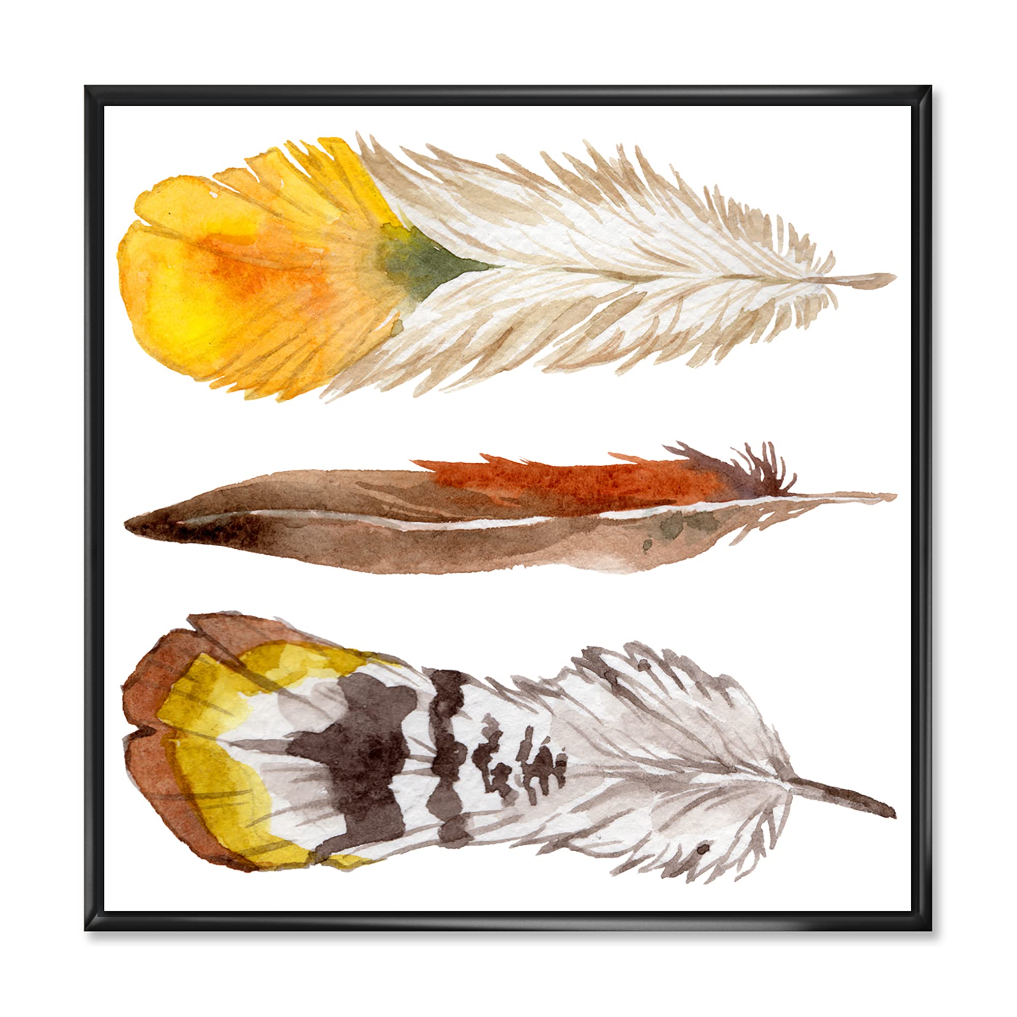 Bohemian Ethnic Yellow Feather Wall Art - Framed Canvas Print for Eclectic Home Decor | Perfect for Living Room, Bedroom & Boho Style Interiors