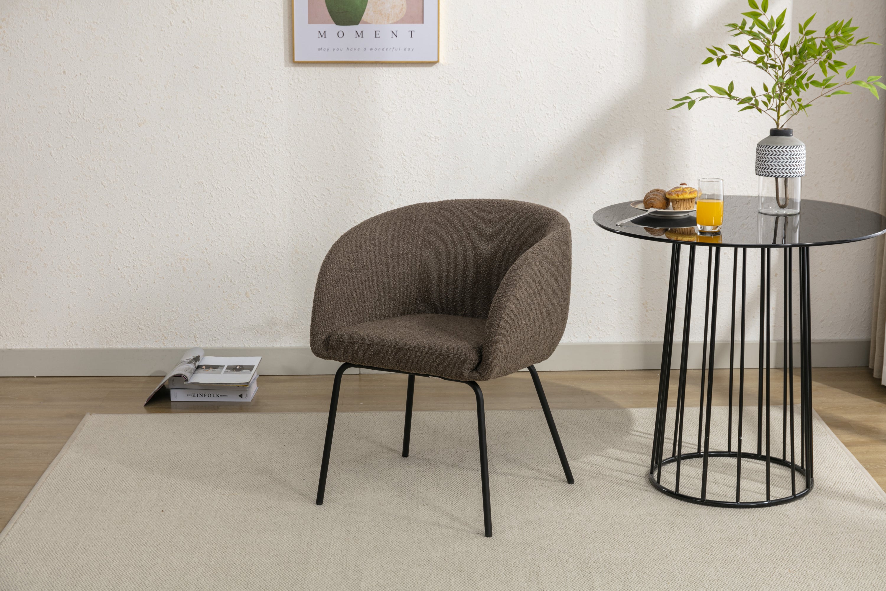 Boucle Fabric Dining Chair with Black Metal Legs - Set of 1 - Modern Upholstered Side Chair for Kitchen, Dining Room & Office