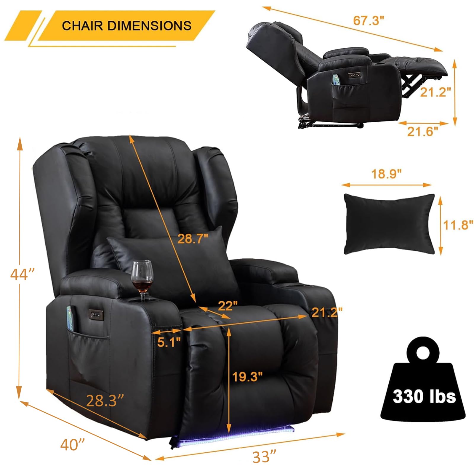Premium Power Recliner Chair with Heat & Massage - Electric Overstuffed Home Theater Seating, Gaming & Sleeper Recliner with LED Lights, Lumbar Support, USB Ports & Cup Holders - Perfect for Movie Nights, Gaming Sessions & Relaxation at Home
