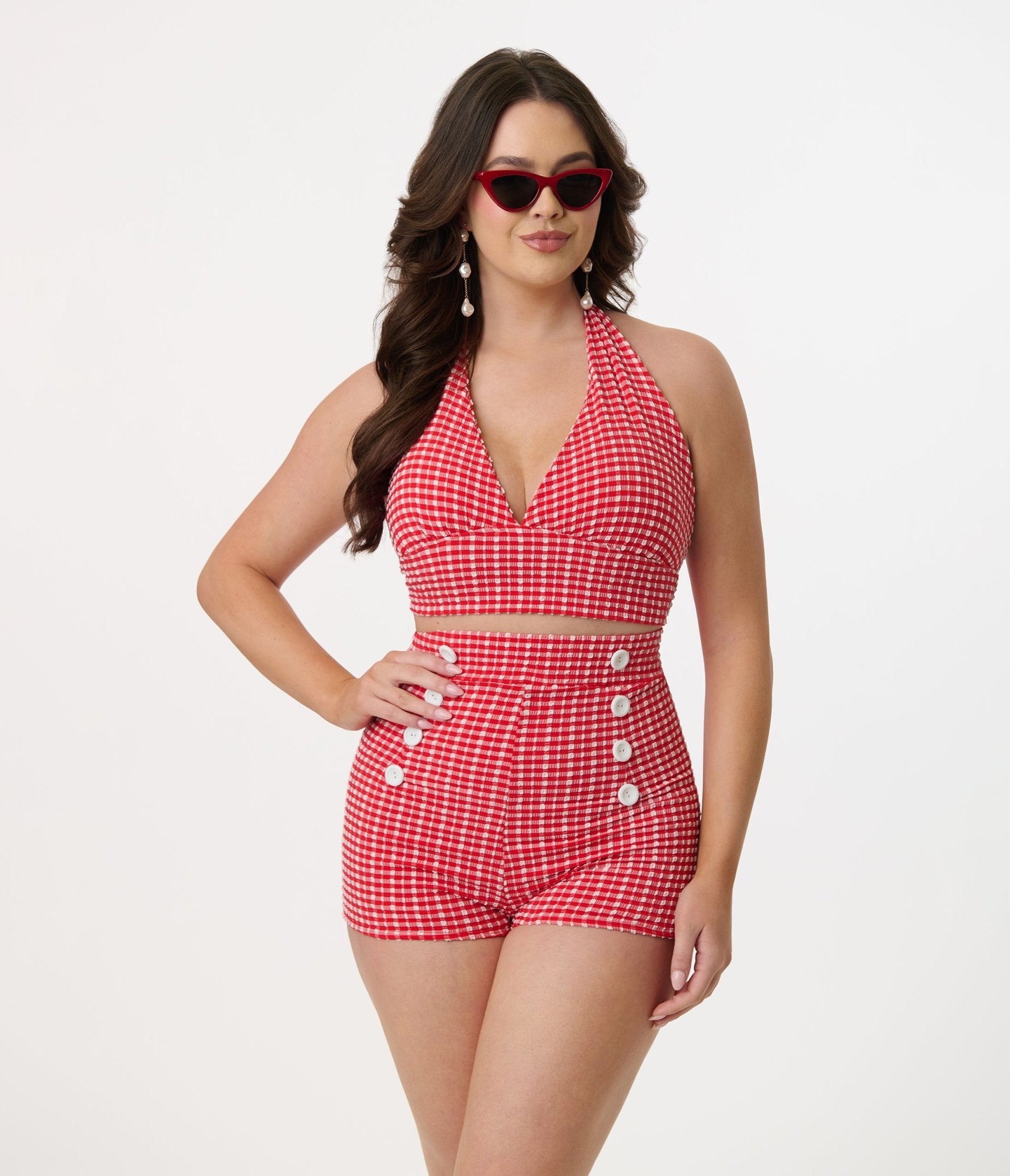 Vintage 1960s Red Gingham Sailor Swim Bottoms - Retro High Waisted Bathing Suit Bottoms for Women | Perfect for Beach, Pool Party & Pinup Style Photoshoots