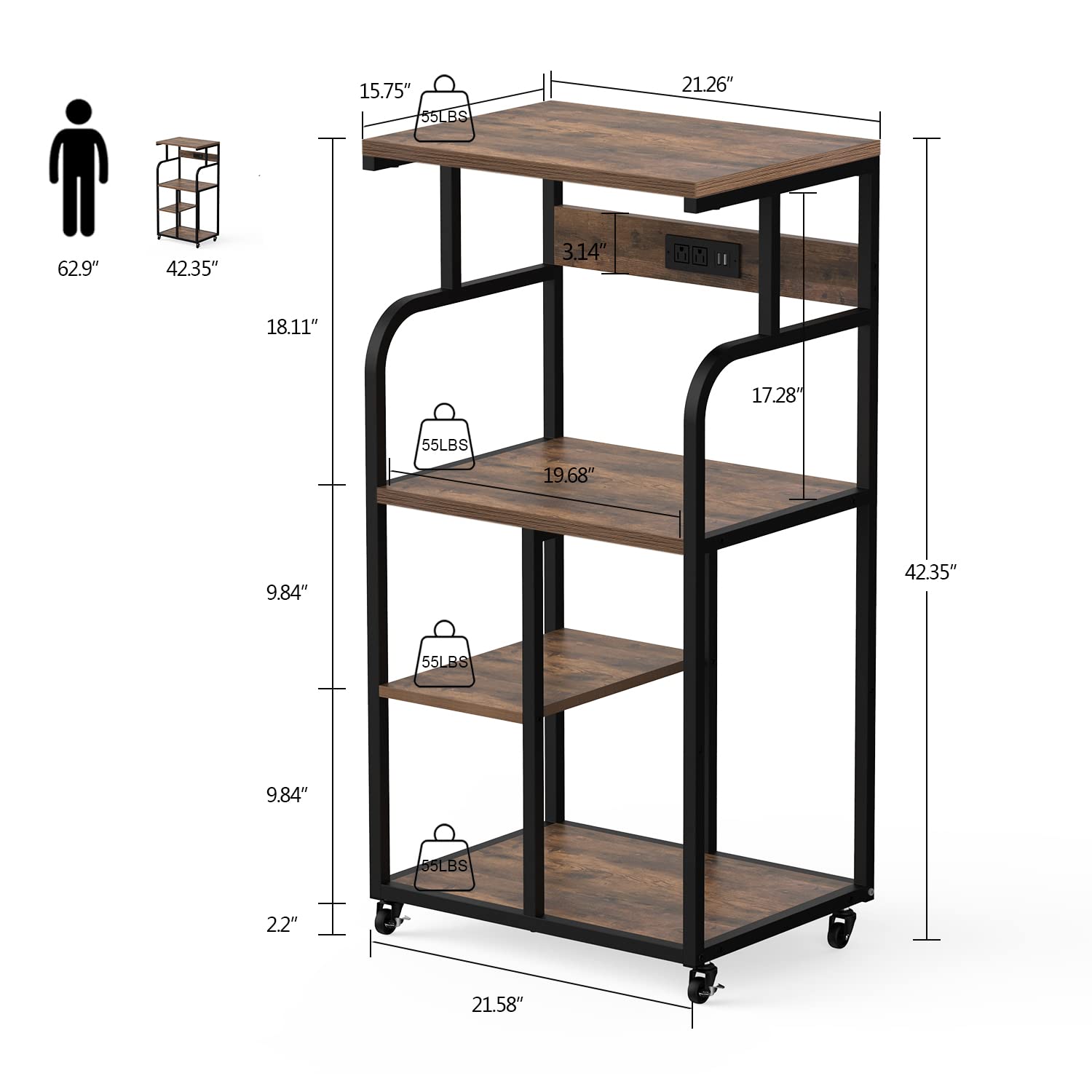 VEDECASA 3-Tier Rolling Printer Stand with Charging Station & USB Port - Adjustable Shelf, 21.2