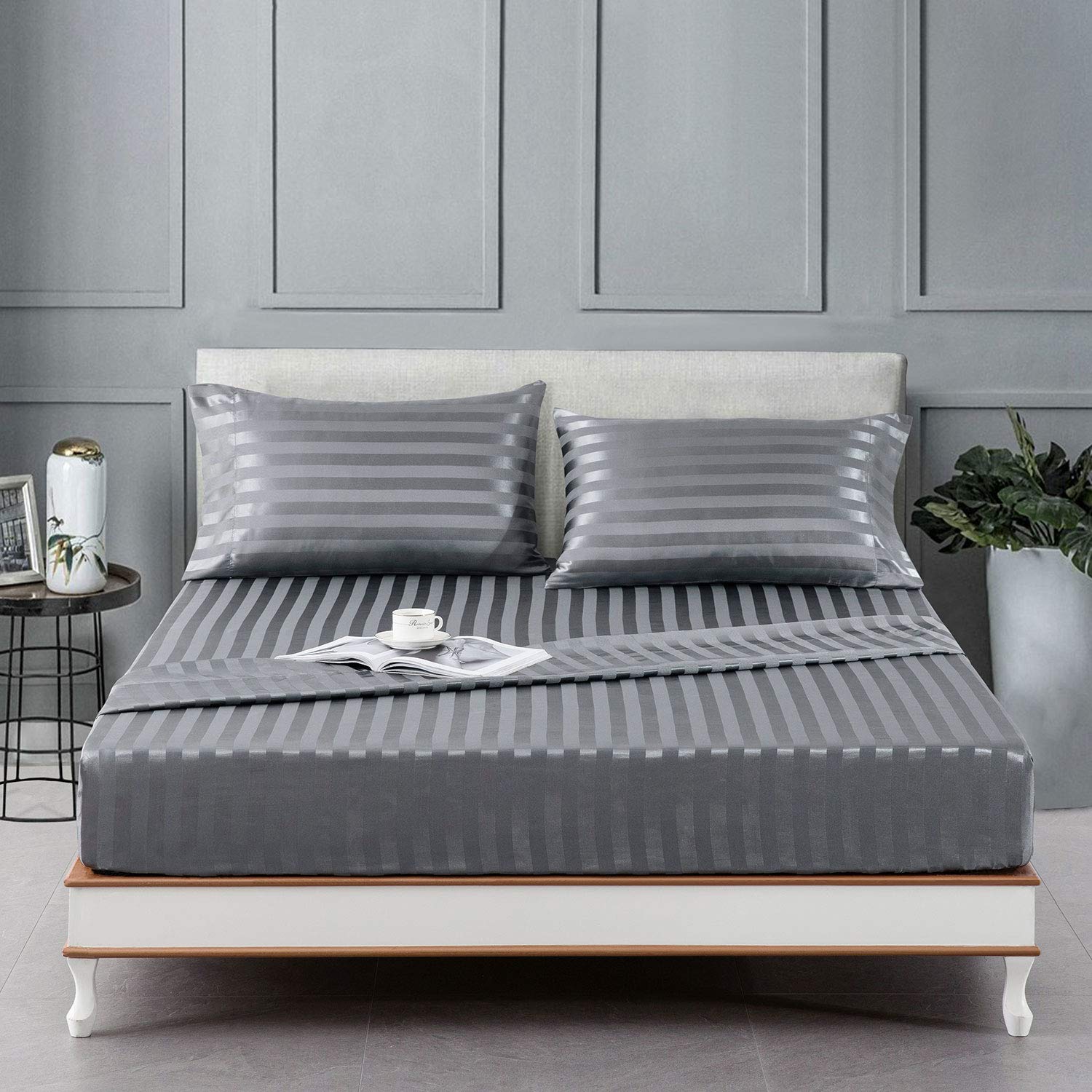 Premium Dark Grey Satin-Silk King Size Bed Sheets Set - Hypoallergenic, Cooling, Wrinkle & Fade Resistant with Deep Pockets - Luxury Striped Bedding for Master Bedroom & Guest Room
