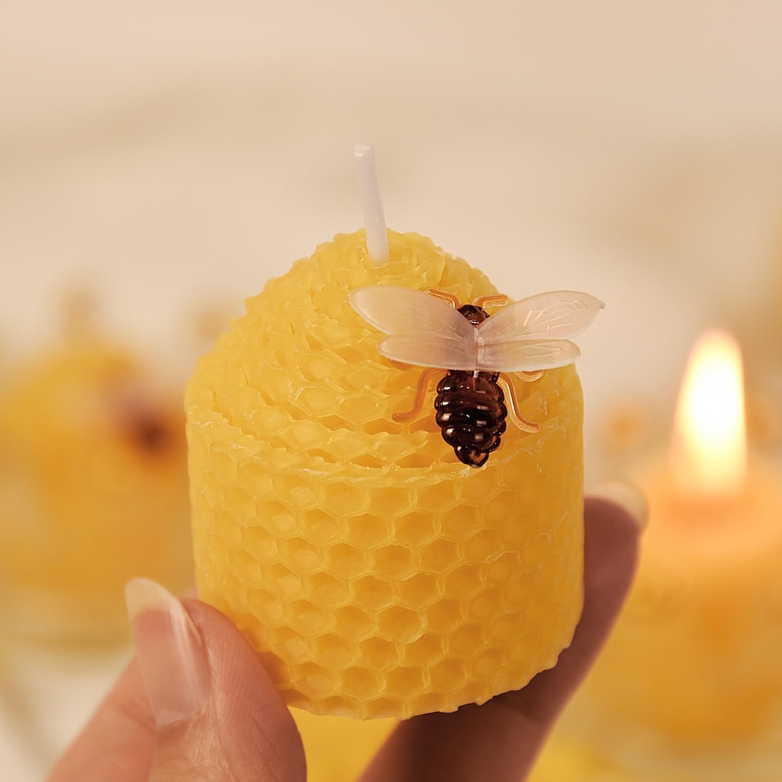 DEYBBY Natural Beeswax Candles - Set of 6 Small Bee Votive Candles with Honeycomb & Bee Decorations, Perfect for Home Decor, Wedding Favors & Relaxation (Yellow)