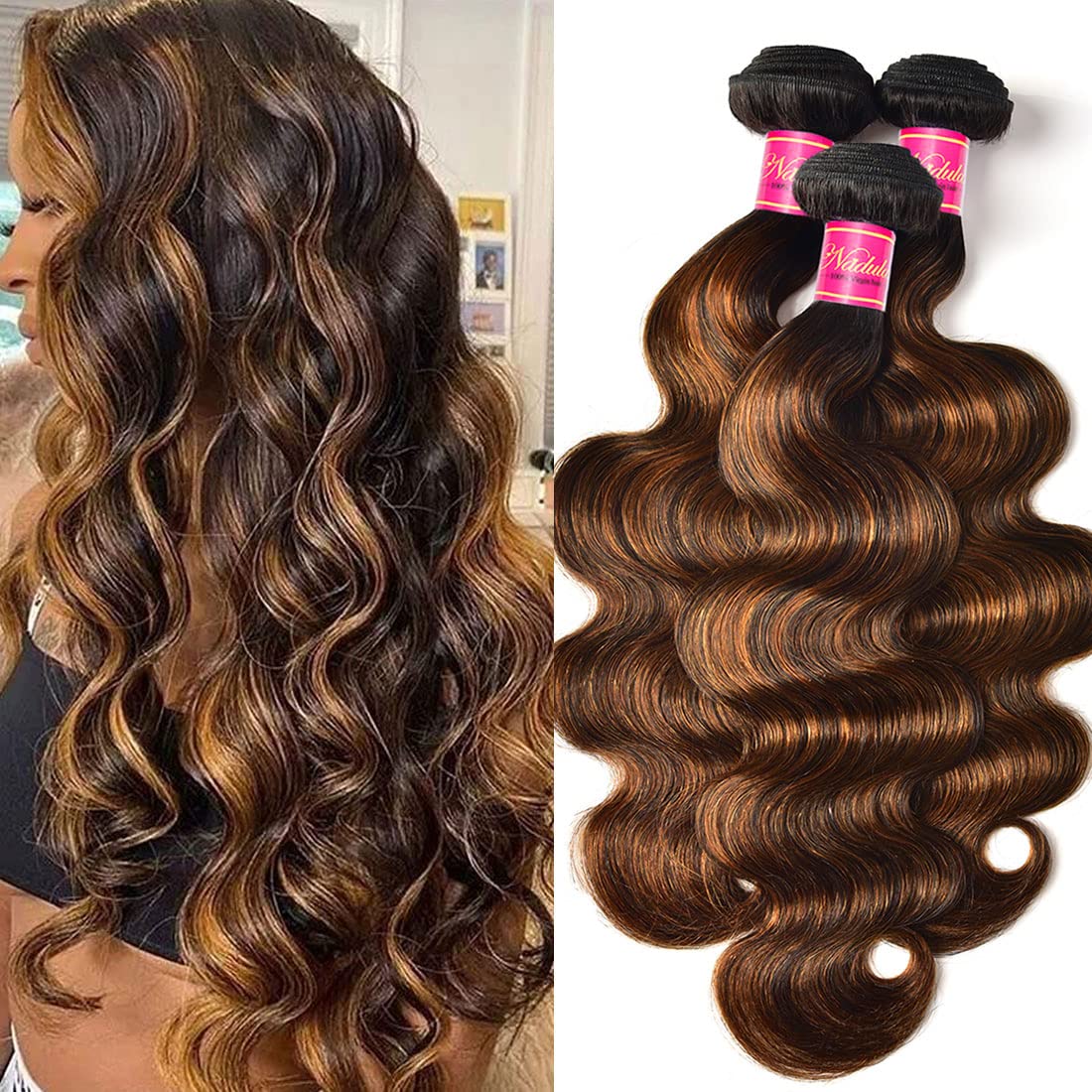 Nadula 12A Brown Balayage Ombre Body Wave Brazilian Human Hair Weave 3 Bundles - Remy Hair Extensions in Chocolate Brown Ombre Color (24, 26, 28 Inches) for Stunning Beach Waves & Everyday Glamour