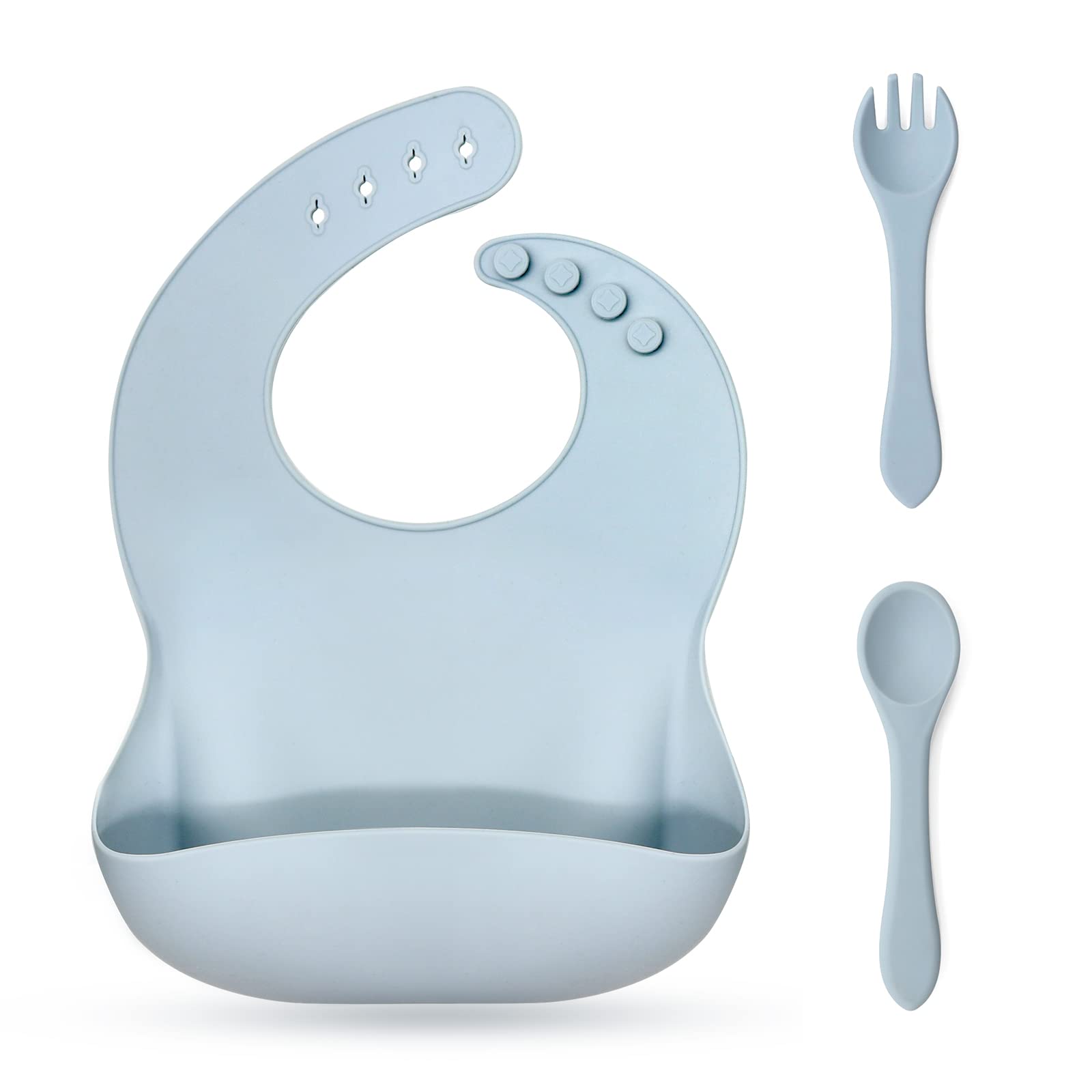 **Waterproof Silicone Baby Bib with Spoon & Fork - Adjustable Feeding Bib for Infants & Toddlers - Food Catcher Pocket for Mess-Free Meals - Perfect for High Chairs, Travel & Daycare**