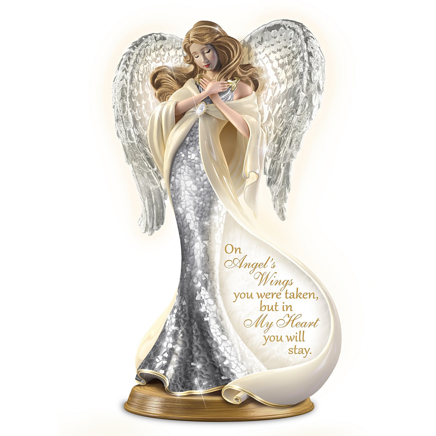22K Gold Illuminated Bereavement Heirloom Porcelain Mosaic Angel Sculpture - Memorial Gift, Home Decor & Sympathy Present for Loss of Loved Ones