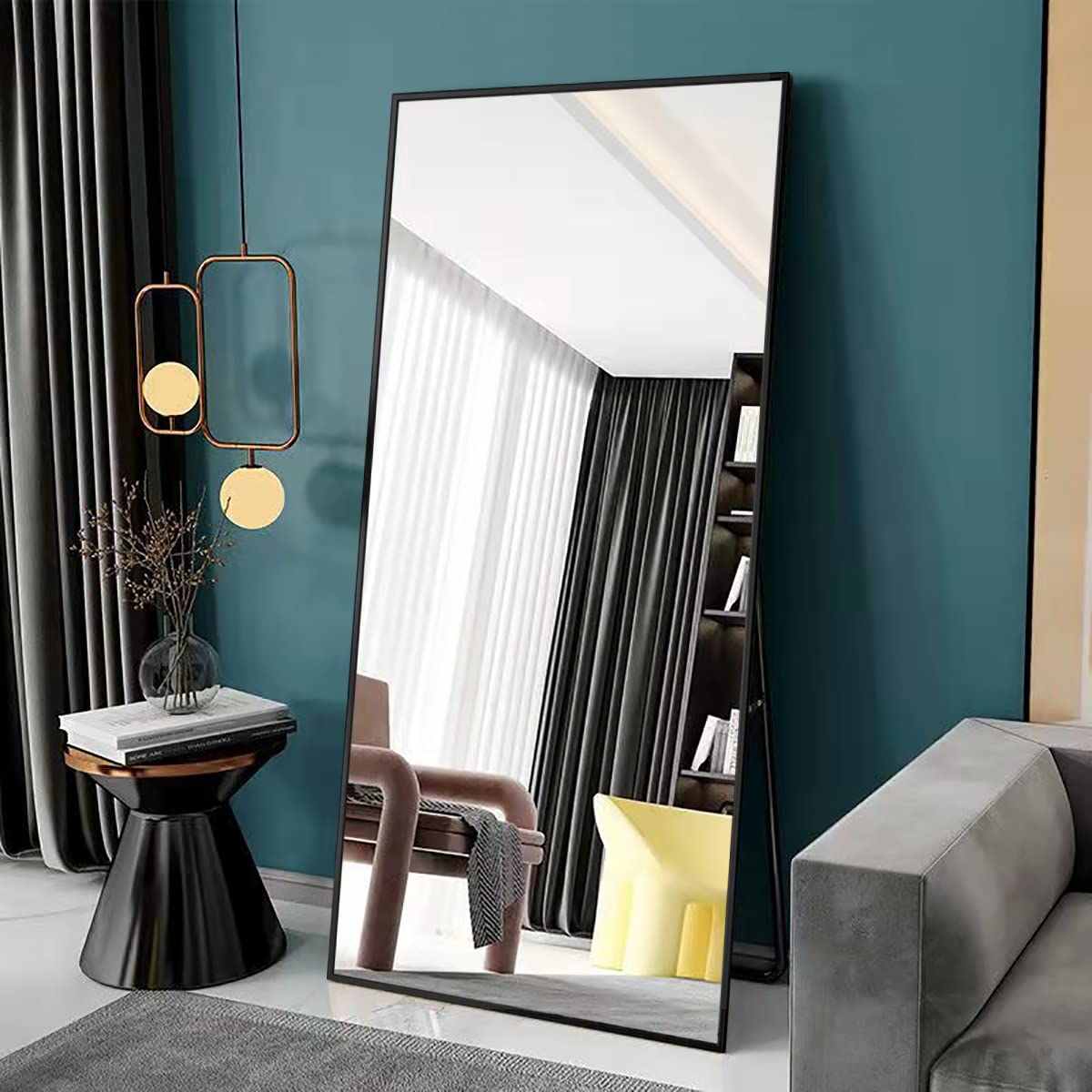 65 x 22 Inch Black Aluminum Alloy Thickened Frame Full Length Mirror - Floor Standing Full Body Mirror for Bedroom, Dressing Room & Gym | Large Wall Mount or Freestanding Decor
