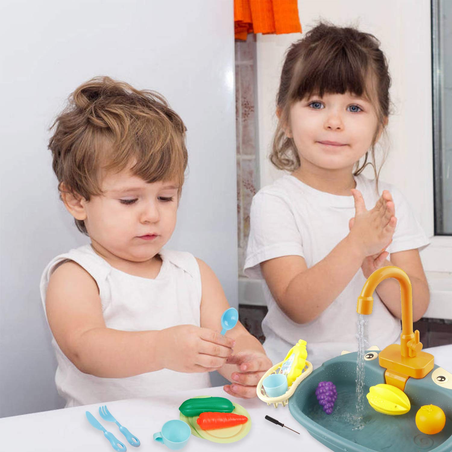 Ruibytree Kids Pretend Play Kitchen Sink Toy with Electric Running Water Faucet, Dishwasher & Cutting Food Accessories - Role Play Toy for Toddlers (Cute Cow Design) - Perfect for Preschool Learning & Imaginative Play