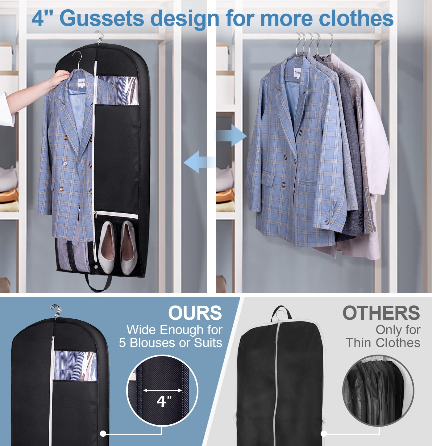 60'' Gusseted Garment Bag for Travel - Breathable Dress Bag with Two Mesh Pockets for Gowns & Formal Wear (Black) | Perfect for Weddings, Business Trips & Closet Organization