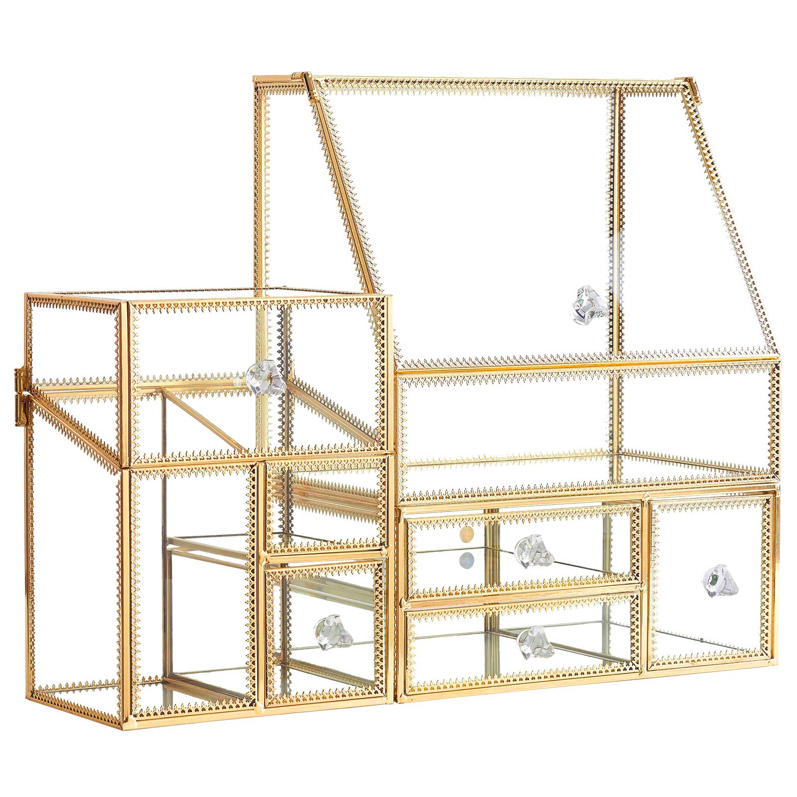 Stackable 3-Piece Glass Drawer Set - Antique Vanity Makeup Organizer with Mirror for Brushes, Lipsticks & Skincare | Countertop Cosmetic Storage Box | Beauty Display Holder for Toner & More | Free Pearl (Gold) - Perfect for Bedroom, Bathroom & Dressing Table Organization