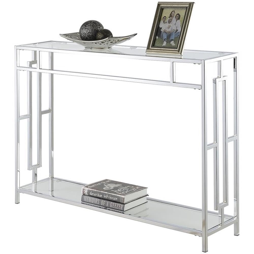 Convenience Concepts Town Square Coffee Table - Modern Sofa Storage Shelf & Narrow Entryway Hall Table for Living Room, Bedroom, Bathroom - 42 Inch Glass & Chrome Console Table - Perfect for Small Spaces, Home Organization & Stylish Décor