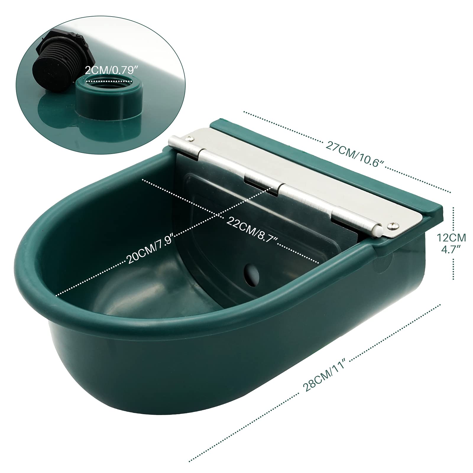 Automatic Waterer Bowl for Horses, Dogs, Sheep, Cows & Pigs - Large Plastic Animal Water Feeder with Float Valve & Drain Plug (Dark Green) - Ideal for Barns, Stables & Outdoor Farms