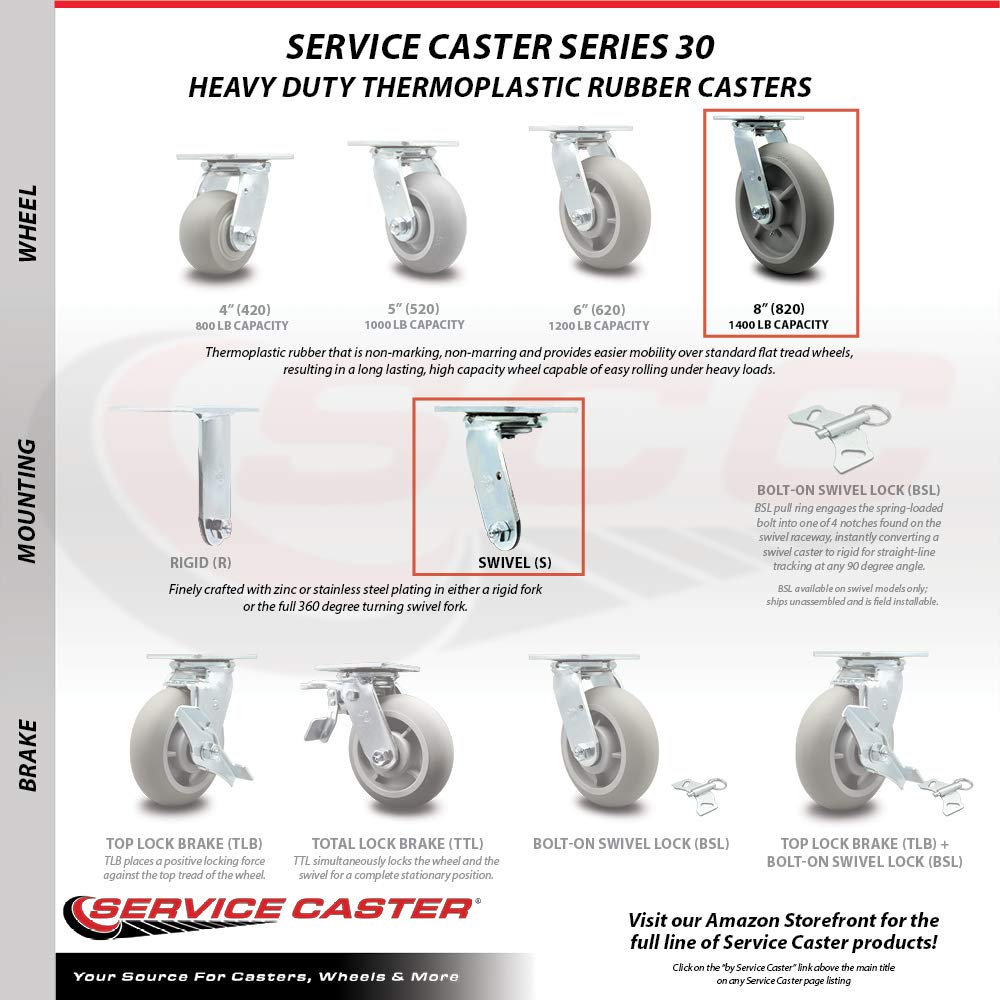 8 Inch Heavy Duty Swivel Caster with Thermoplastic Rubber Donut Tread Wheel - 600 lbs Capacity per Caster by Service Caster - Ideal for Industrial Equipment, Warehouse Carts, and Heavy-Duty Workbenches
