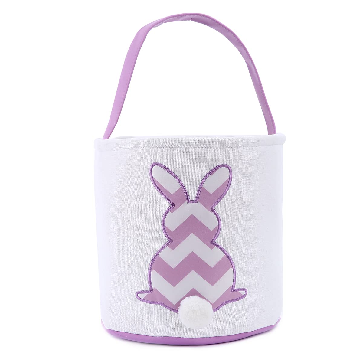 Easter Bunny Basket Bags for Kids - Striped Rabbit Pattern Cotton Canvas Egg Hunt Bag with Fluffy Tail - Personalized Easter Gift Basket for Candy, Eggs & Treats (Purple) - Perfect for Easter Egg Hunts, Party Favors & Spring Celebrations