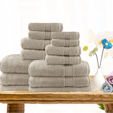 14-Piece Lightweight Soft Cotton Bath Towel Set - Beige | Ultra Absorbent & Quick Dry for Spa, Bathroom, Pool & Beach