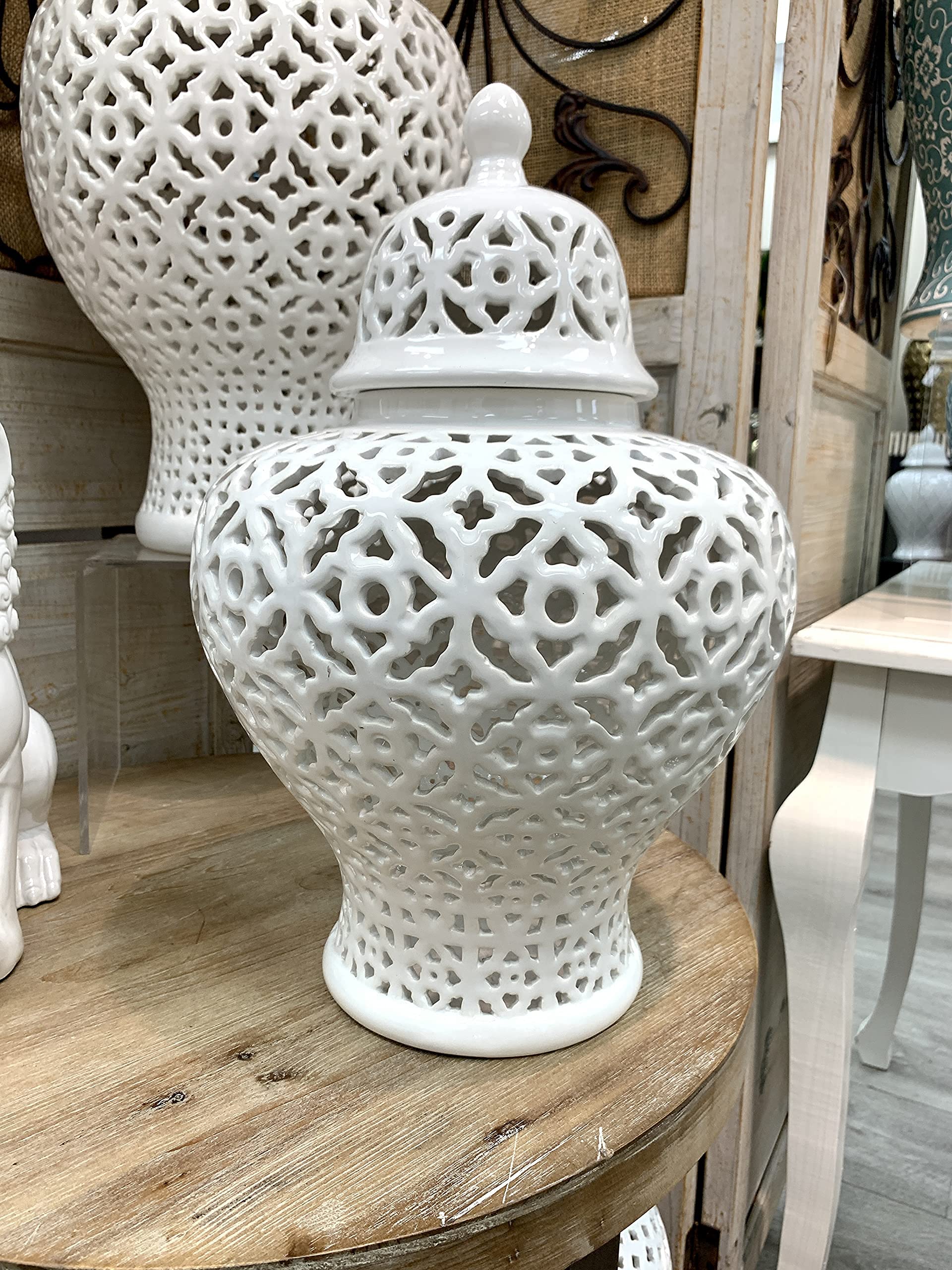 Galt International 19.5” White Lattice Ginger Jar with Lid - Mediterranean Inspired Decorative Vase - Handcrafted Home Decor for Living Room, Kitchen, Dining Table & Entryway - Perfect for Floral Arrangements & Stylish Interior Design