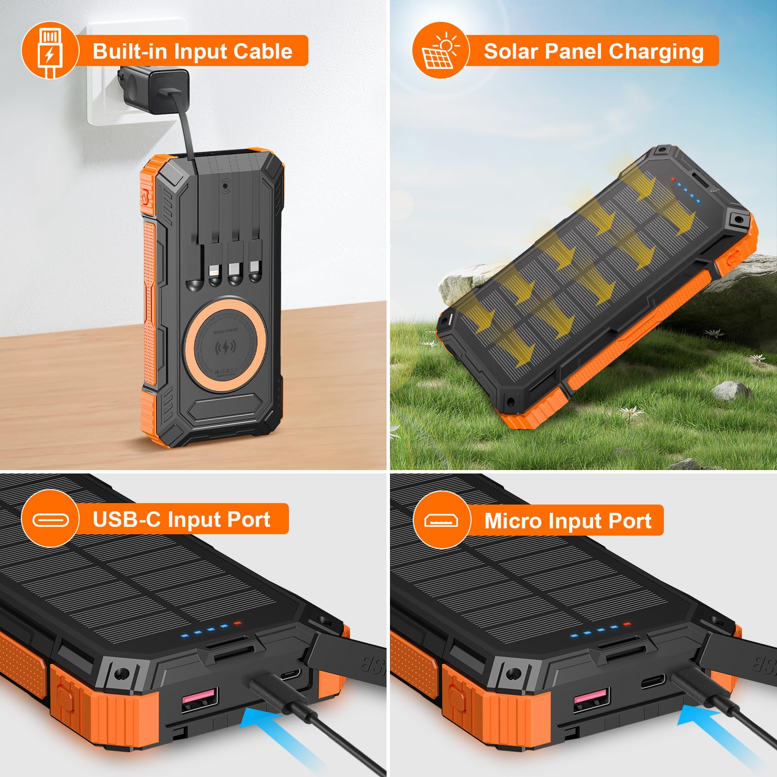 49800mAh Solar Charger Power Bank with Wireless Charging | 22.5W QC3.0 Fast Charger | Built-in 4 Cables & 6 Outputs | USB-C Compatible | Portable Phone Charger for iPhone, Samsung, Android | Perfect for Camping, Hiking & Outdoor Adventures