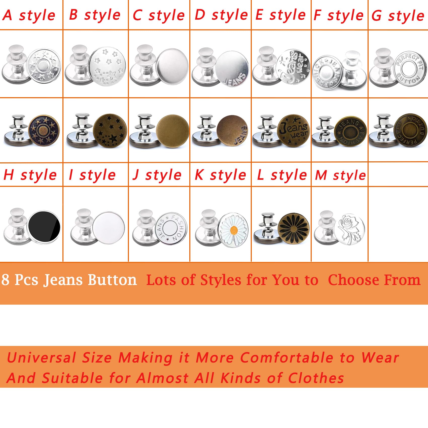 8 Pcs No-Sew Jean Button Pins - Reusable & Adjustable Replacement Buttons for Loose Jeans & Pants - Quick Fix Without Tools - Perfect for DIY Clothing Repair, Emergency Wardrobe Fixes, and Denim Upcycling