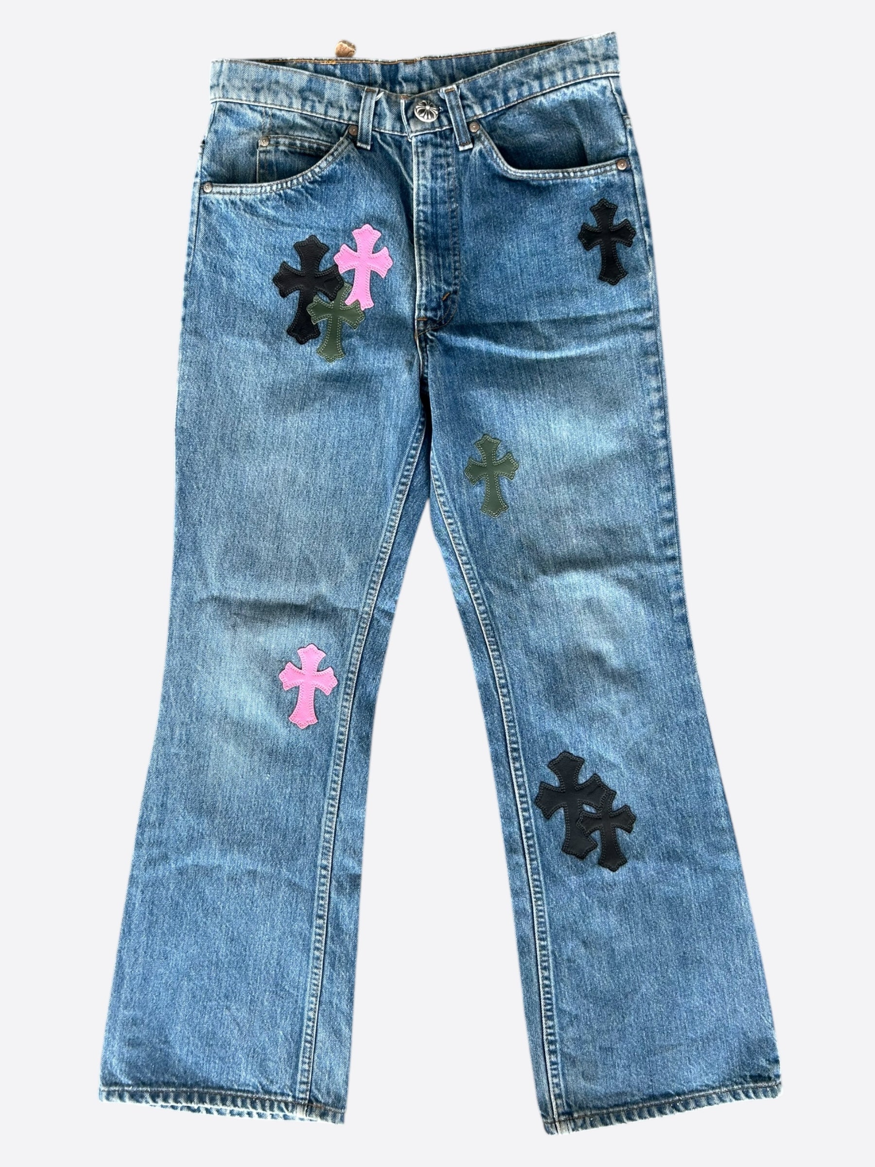 Chrome Hearts x Levi's Blue Multicolor Cross Patch Flared Jeans - Vintage Denim Pants for Women, Streetwear Fashion, Party & Casual Outfits