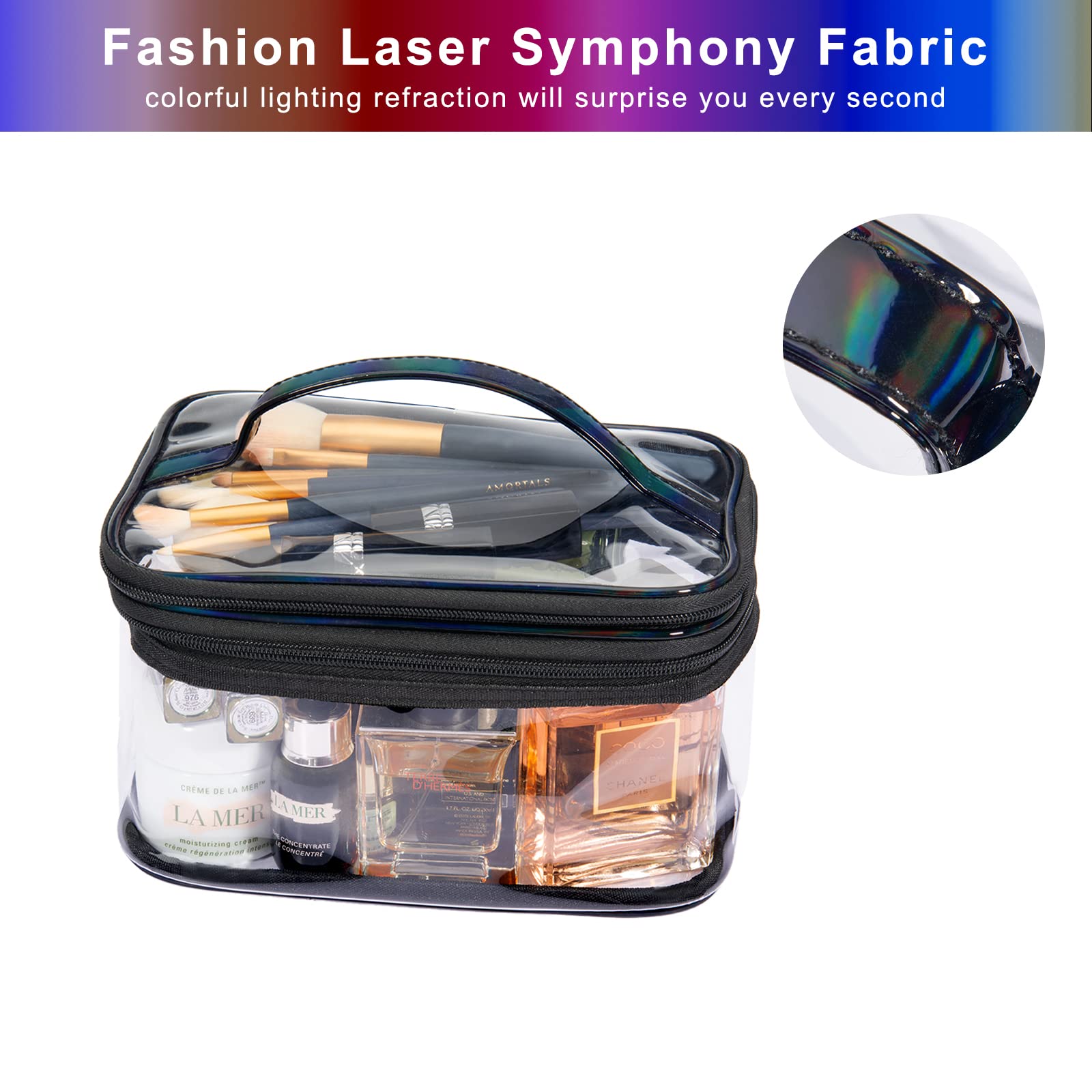 Lermende Large Clear Makeup Bag - 2 Layer Water-Resistant PVC Travel Cosmetic Organizer for Women | Portable Laser Makeup Pouch for Travel, Gym & Daily Use (Black)