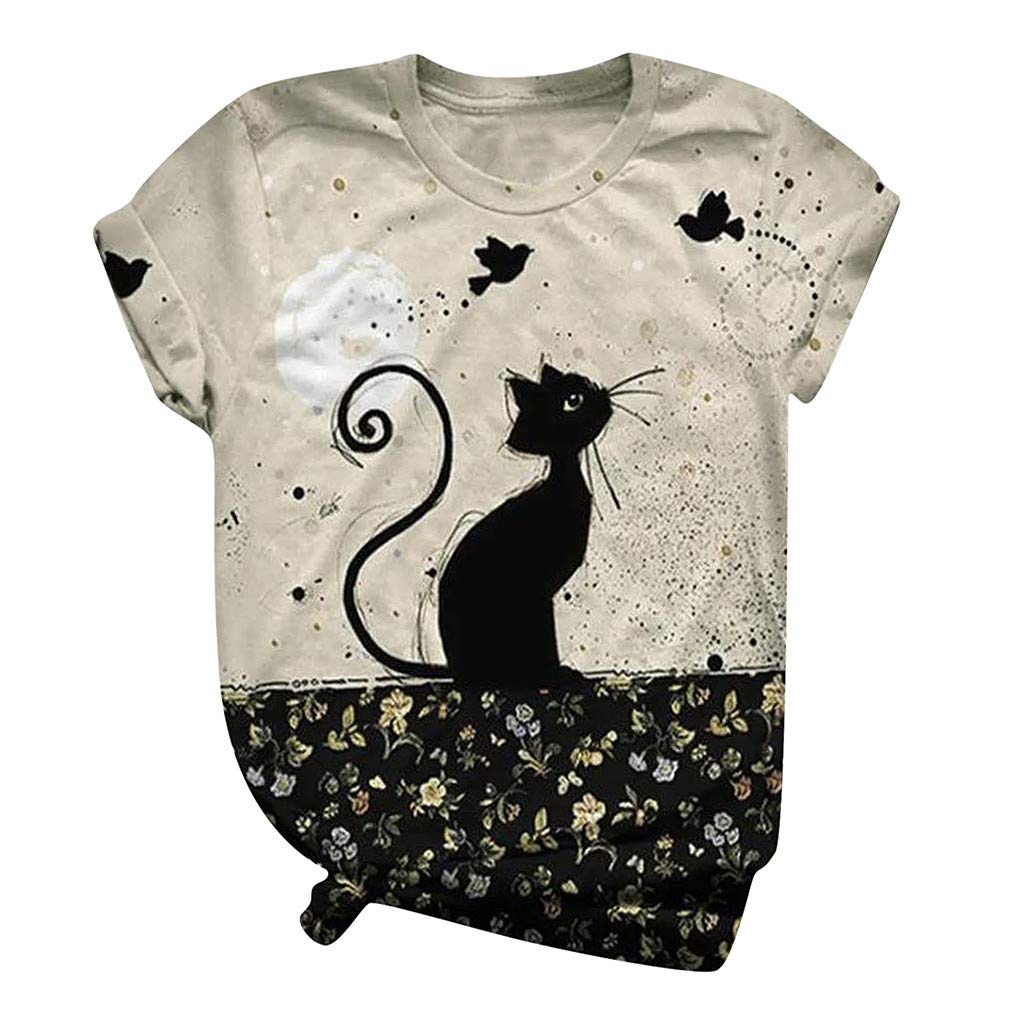 Lozeny Women's Cat Floral Colorblock Pullover T-Shirt - Short Sleeve Crewneck Casual Blouse for Sports & Everyday Wear | Cute Fashion Top for Spring, Summer Outfits and Street Style