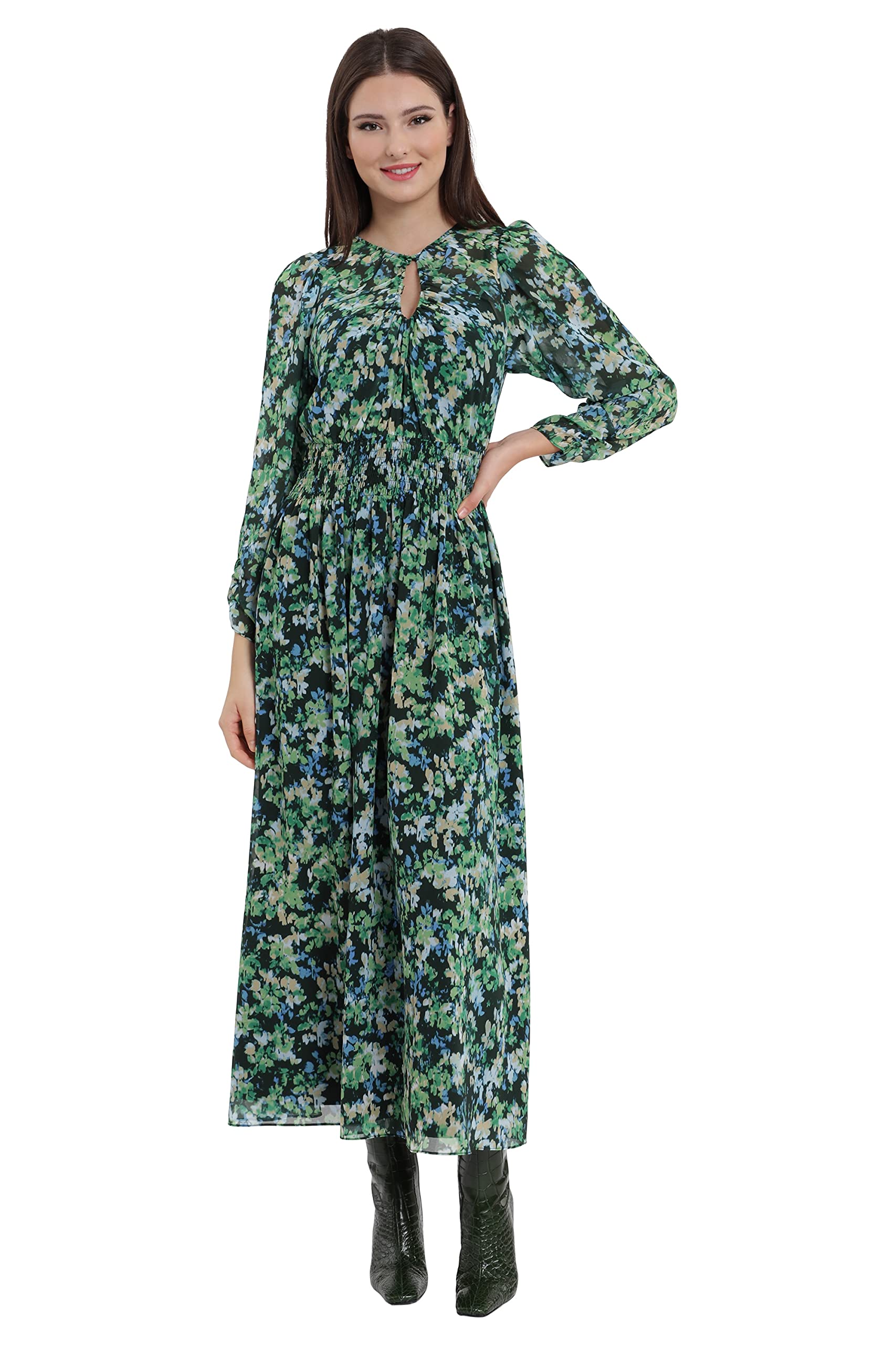 Maggy London Women's Front Keyhole Smocked Waist Midi Dress - Elegant Floral Print Summer Dress for Cocktail Parties, Weddings & Office Wear