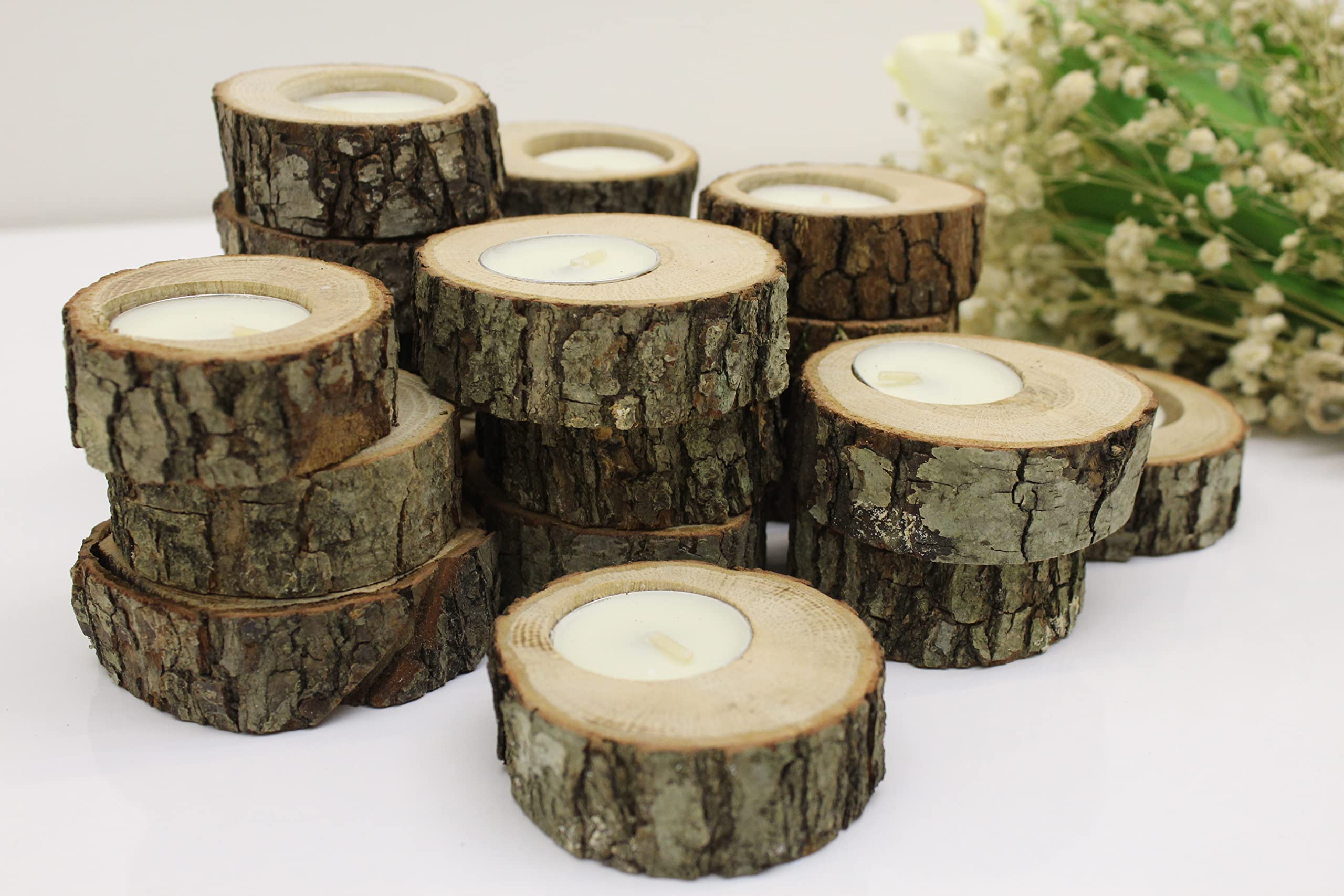 50 Pcs Wooden Tealight Candle Holders - Rustic Log Candle Holders for Wedding Centerpieces, Party Decor & Home Decor - Perfect for Weddings, Christmas, Thanksgiving & Romantic Ambiance