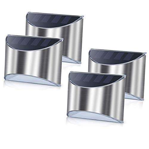 Dusk Till Dawn Outdoor Solar Lights 4 Pack - Stainless Steel Weatherproof Security Wall Lights for Fence, Steps & Pathways | Wireless Solar Powered for Easy Installation | Perfect for Backyard, Garden & Patio Lighting
