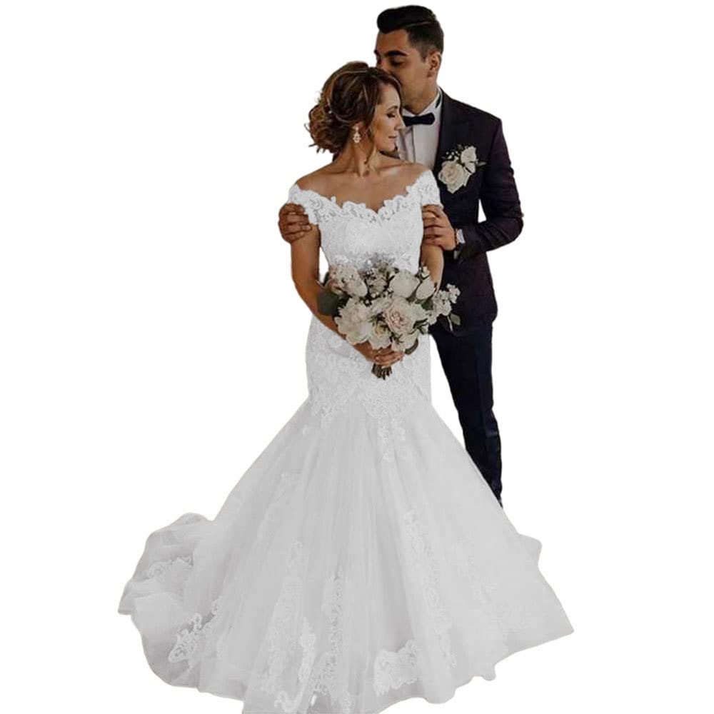 XYAYE Mermaid Wedding Dress for Bride - Off Shoulder Lace Tulle Bridal Gown with Brush Train | Perfect for Beach Weddings, Vow Renewals & Romantic Photoshoots