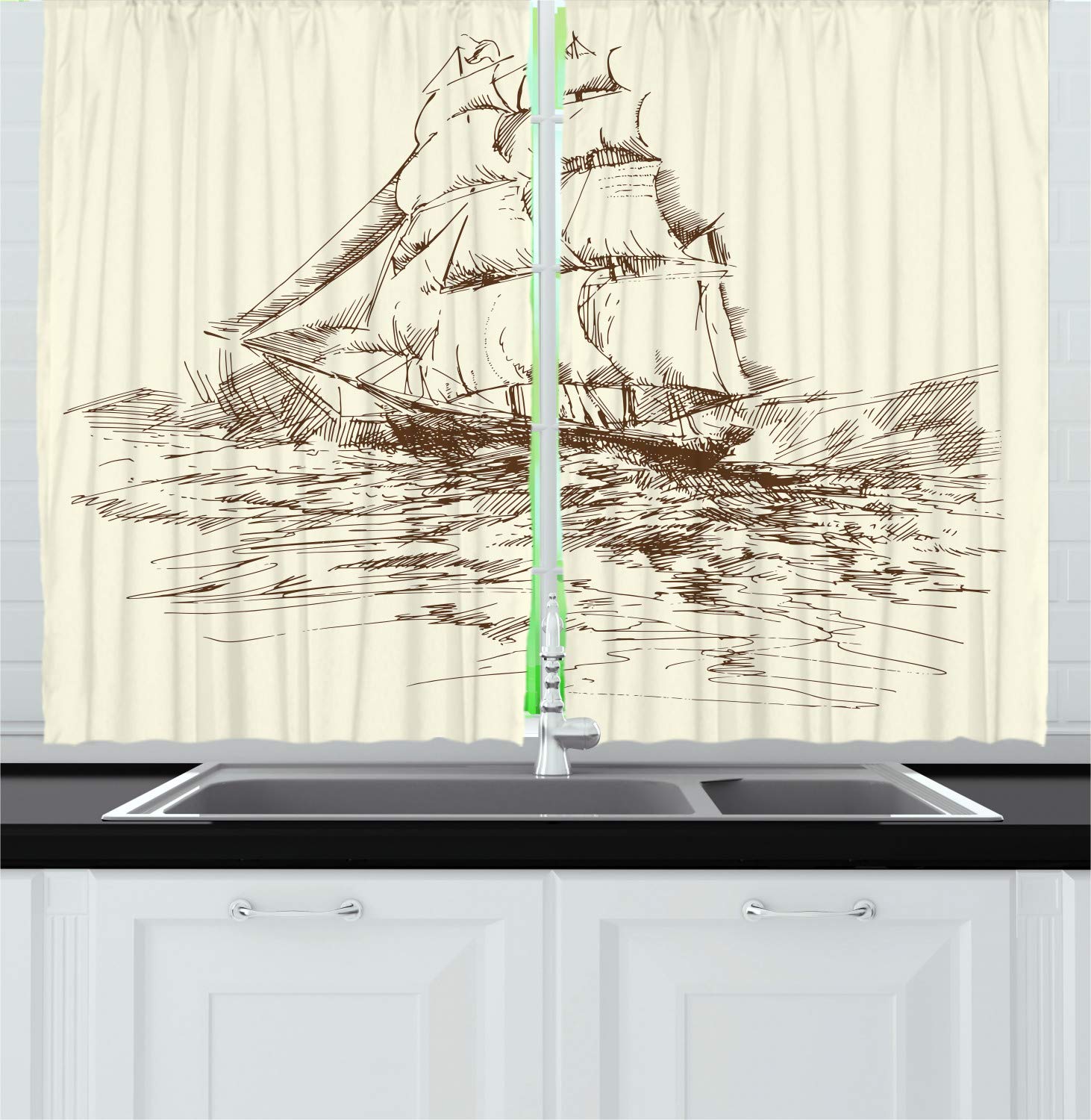 Ambesonne Nautical Sailboat Kitchen Curtains - Hand Drawn Ocean Wave Design, Historical Voyage Theme, Rod Pocket Drapes (Set of 2 Panels, 55
