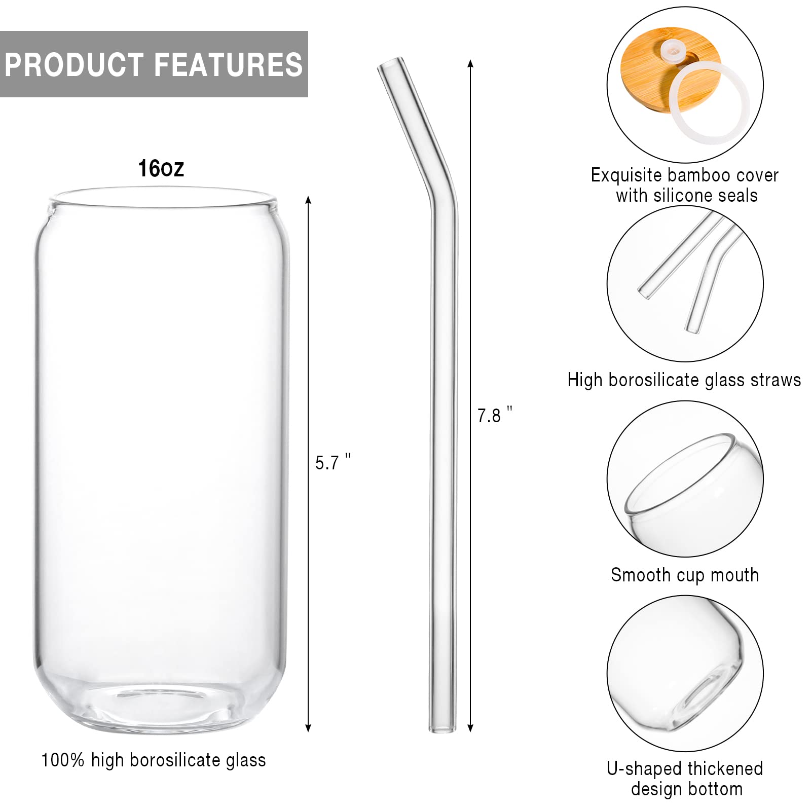 16oz Glass Cup with Bamboo Lid & Straw - Reusable Drinking Glass for Mojito, Soda, Smoothies, Whiskey, Iced Coffee, Cocktails & Tea - Perfect for Home, Office, Parties & Outdoor Use