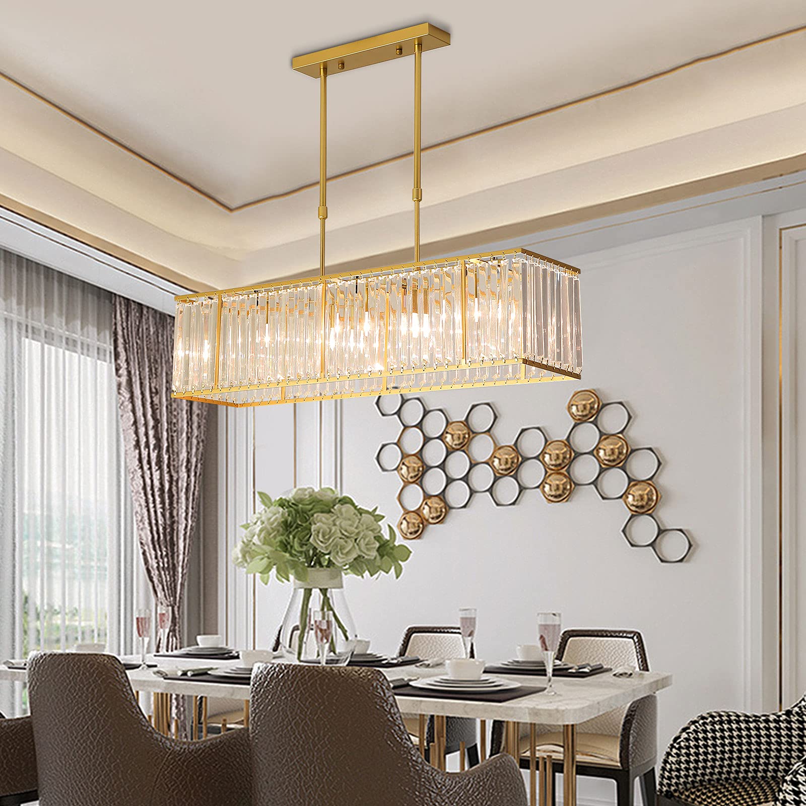 Modern Crystal Chandelier - Gold Rectangle Pendant Light Fixture for Dining Room, Living Room, Bedroom - Elegant Ceiling Lighting for Home Decor, Wedding & Luxury Interior Design