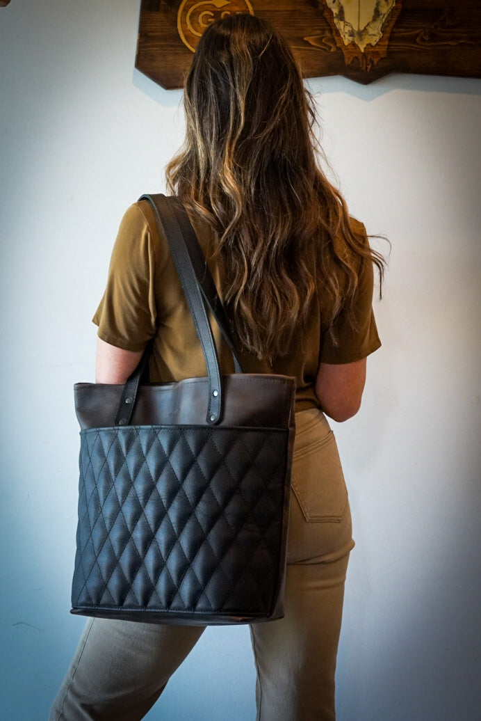 Stylish Diamond Stitch Tote Bag - Espresso Brown & Pebbled Black Leather Shoulder Bag for Women | Perfect for Work, Travel & Shopping