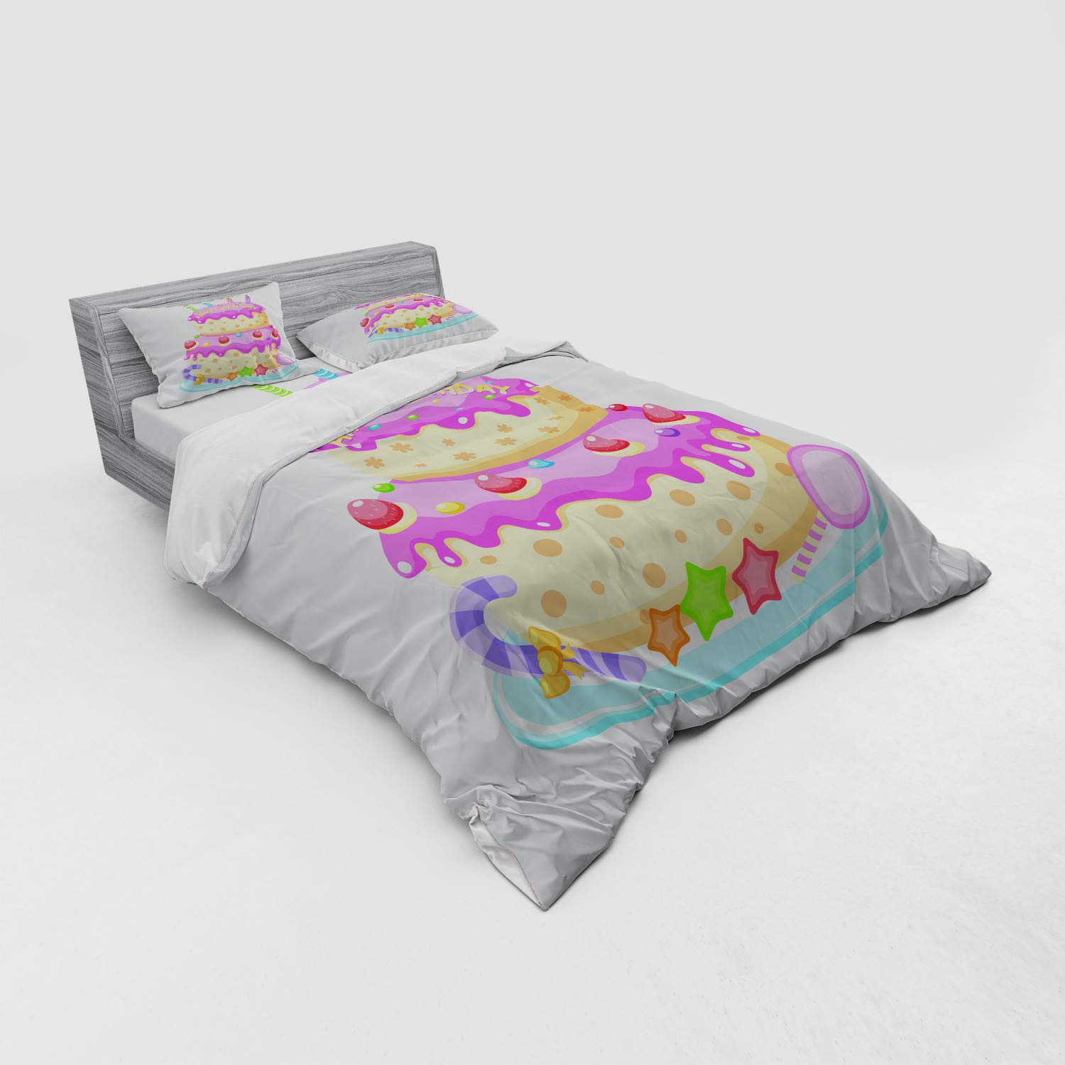 Ambesonne Pastel Birthday Cake Duvet Cover Set - 4 Piece Queen Size Bedding with Shams & Fitted Sheet - Candle & Candy Celebration Design in Pale Pink - Perfect for Birthday Party Decorations & Kids Room Themes