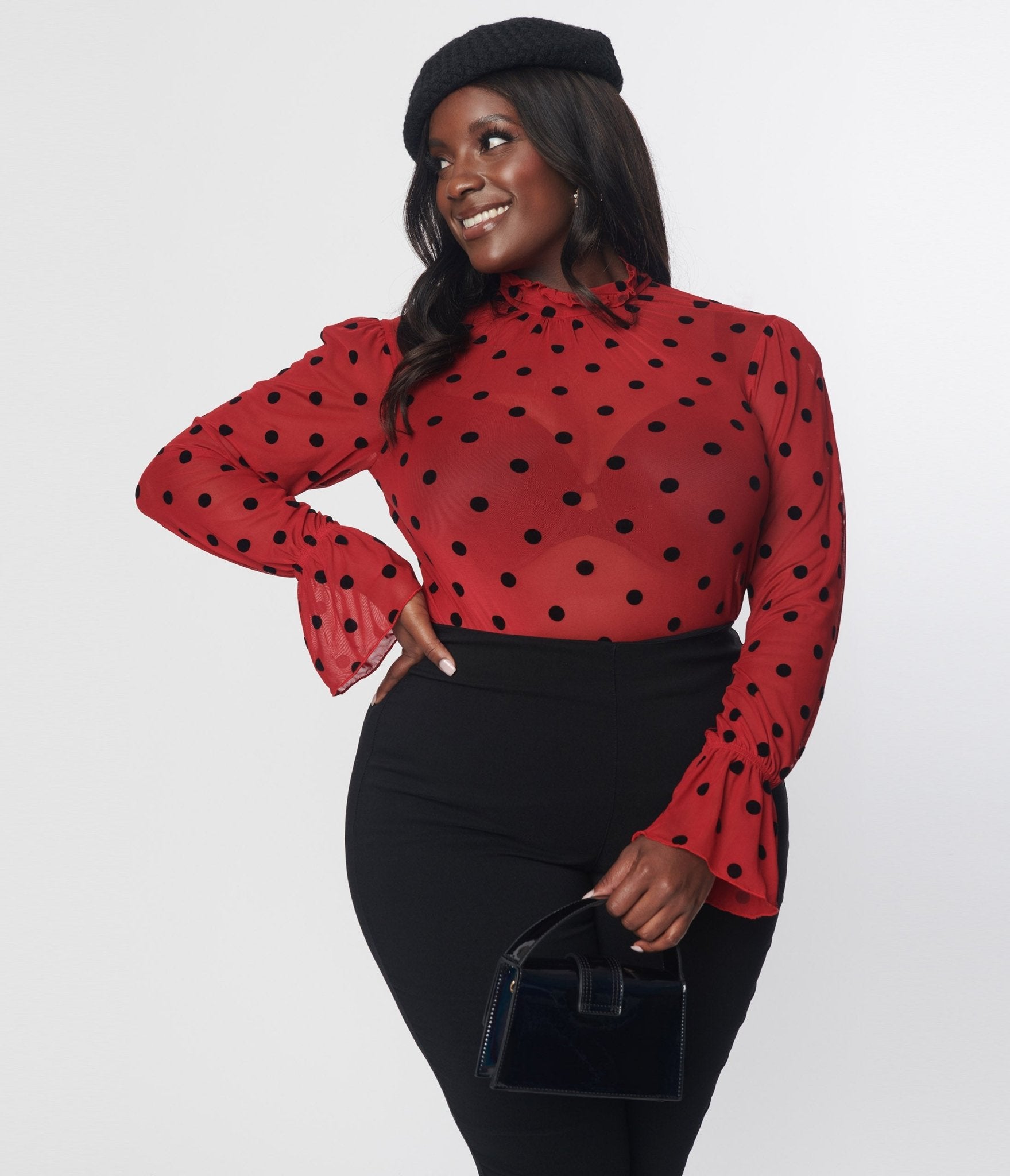Vintage Burgundy & Black Polka Dot Donna Blouse - Retro Women's Fashion Top for Office, Date Night & Special Occasions