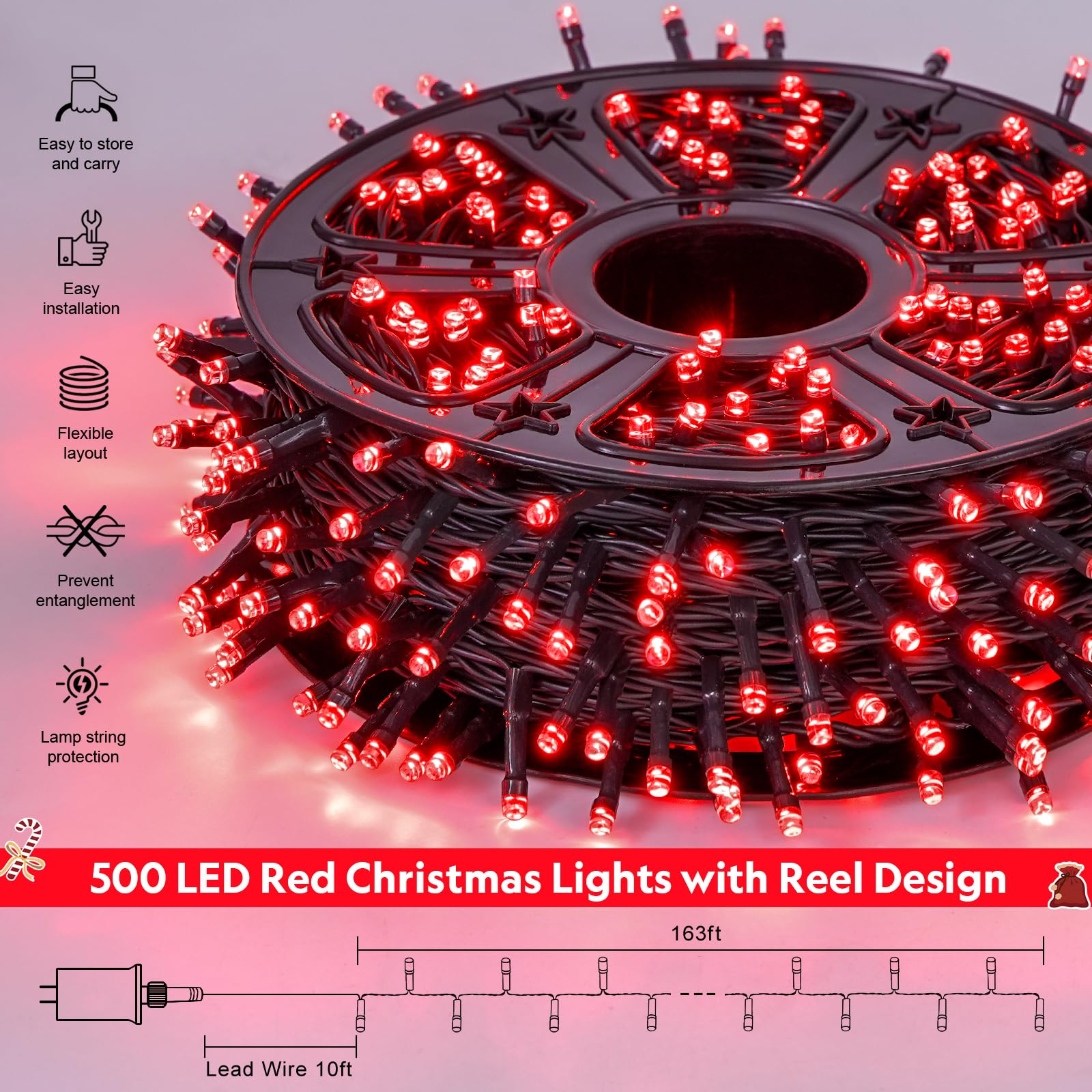JMEXSUSS 500 LED Red String Lights - 173ft Waterproof Outdoor Christmas Lights with 8 Modes for Xmas Tree, Party, Holiday & Valentine's Day Decorations - Perfect for Garden, Patio, and Indoor Festive Lighting