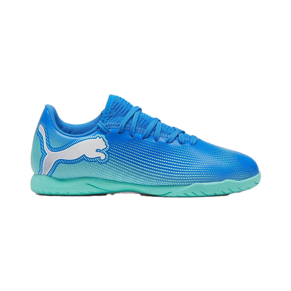 Puma Future 7 Play IT Junior Indoor Soccer Shoes for Kids - Hyperlink Blue/Mint - Perfect for Indoor Training & Youth Football Games