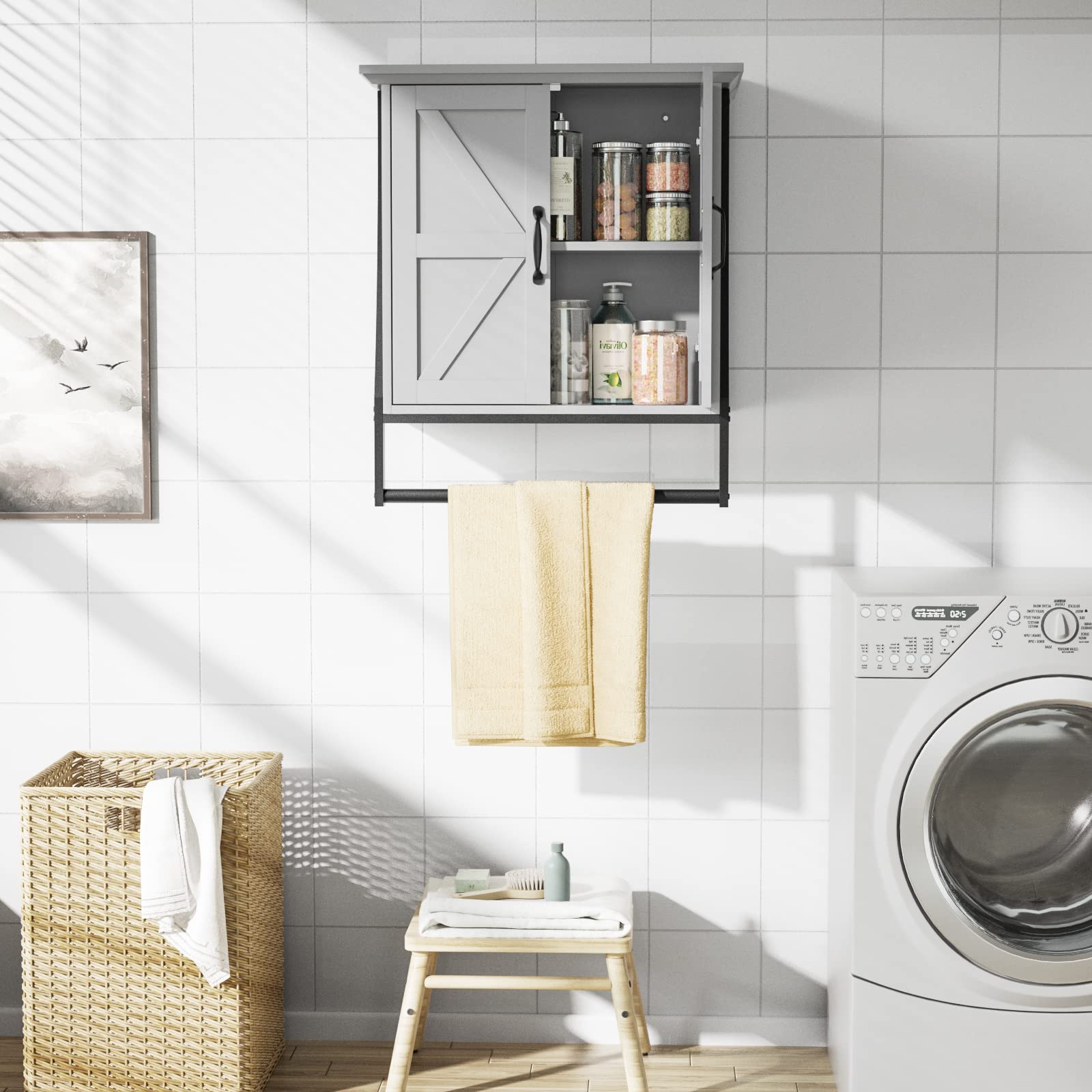 Wall Mounted Bathroom Cabinet with 2 Barn Doors & Towel Bar - Over Toilet Storage Organizer, Medicine Cabinet for Bathroom (Gray) | Perfect for Small Bathrooms, Apartment Storage & Space Saving Solutions