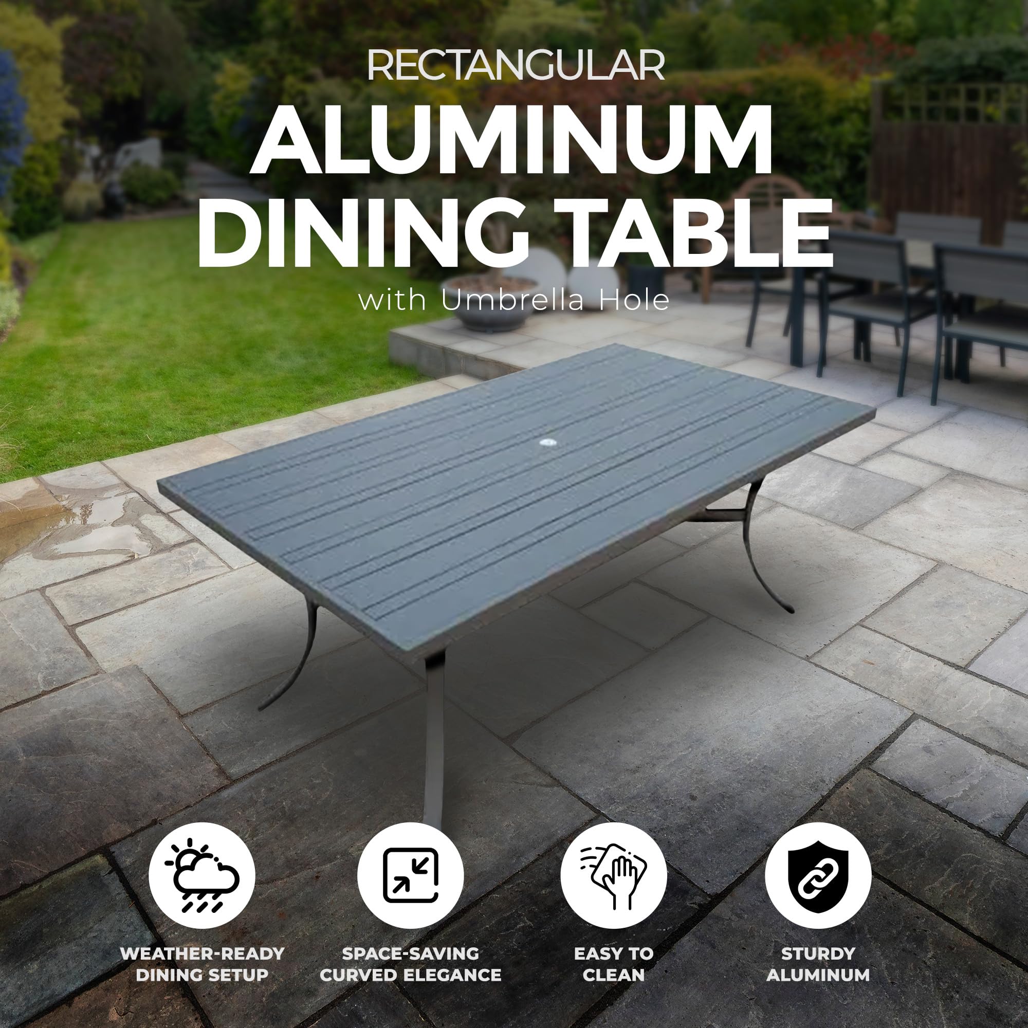 72x39 Inch Black Aluminum Outdoor Dining Table with Slate Tabletop & Umbrella Hole - Perfect for Patio, Backyard, Garden, and Poolside Gatherings