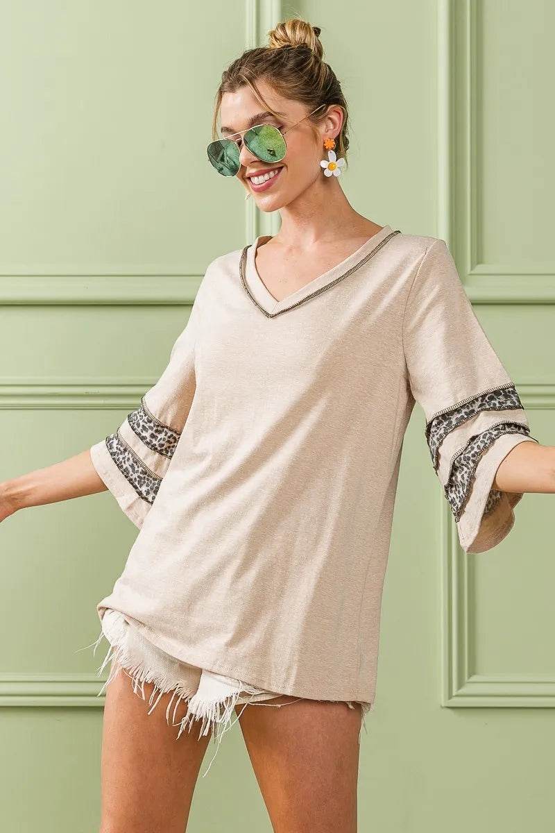 Stylish BiBi Triblend Knit Top with Leopard Band Detail - Women's Fashion T-Shirt for Casual Wear, Outfits & Daily Comfort