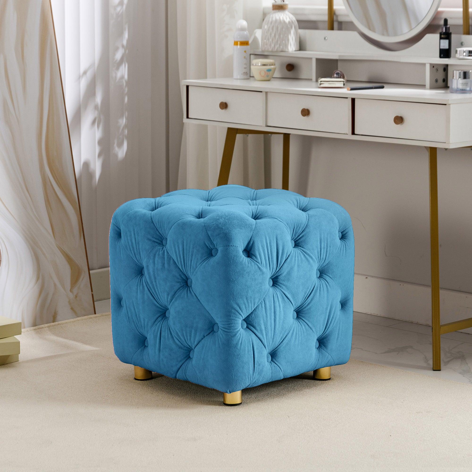 Blue Modern Velvet Upholstered Ottoman - Small End Table & Soft Foot Stool | Dressing Makeup Chair with Comfortable Seat for Living Room, Bedroom & Entryway | Perfect for Lounging, Storage & Home Decor