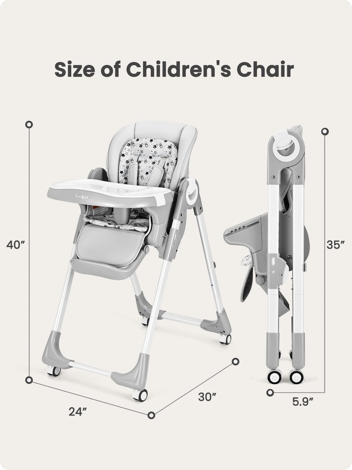 Convertible Baby High Chair with Adjustable Backrest & Footrest - Foldable Toddler Dining Chair with Removable Tray & Locking Wheels (Star Gray) - Perfect for Home, Restaurant & Travel Use